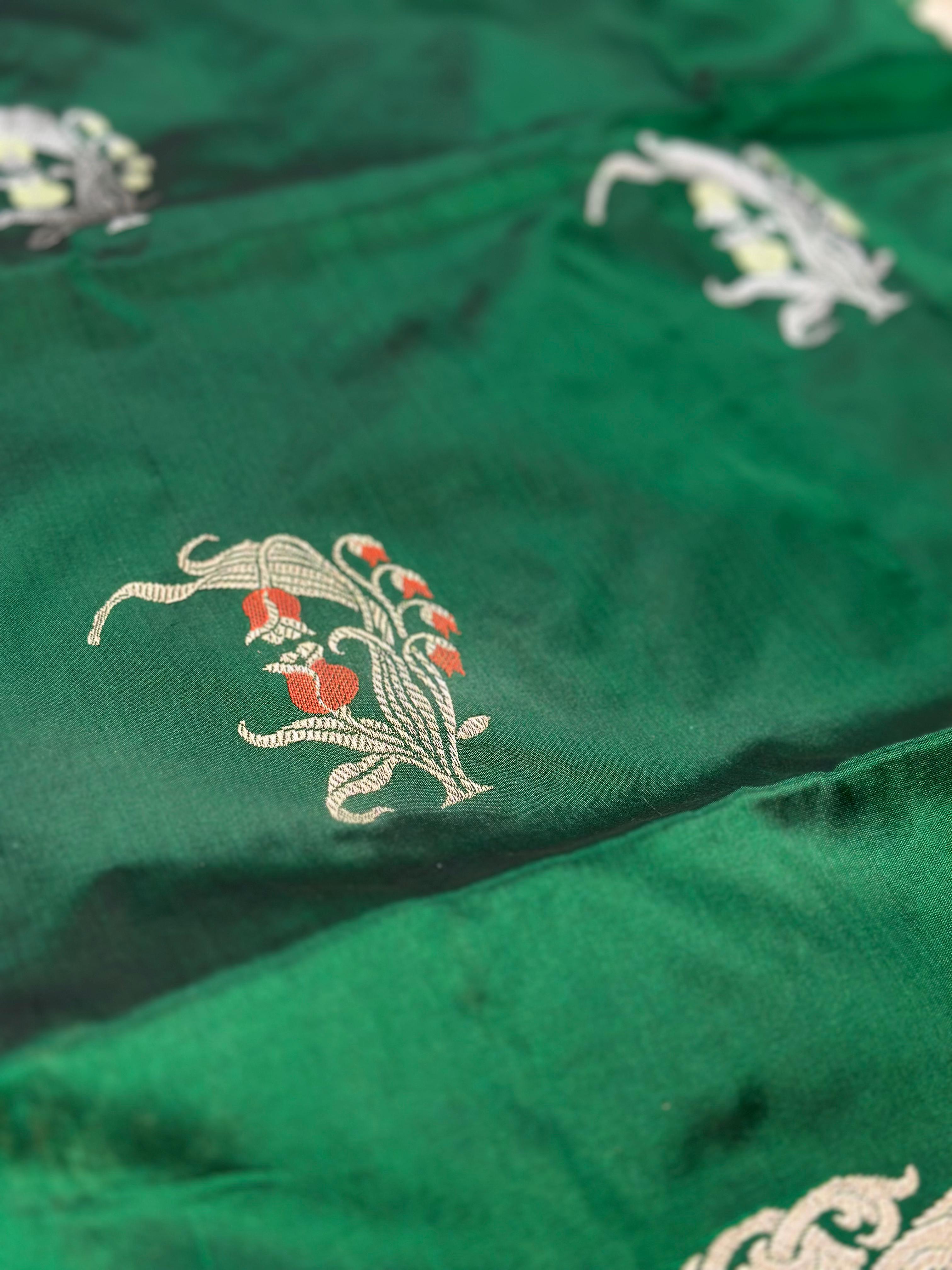 Royal Green Pure Katan Silk Kadua Weave Banarasi Saree with Meenakari Buta