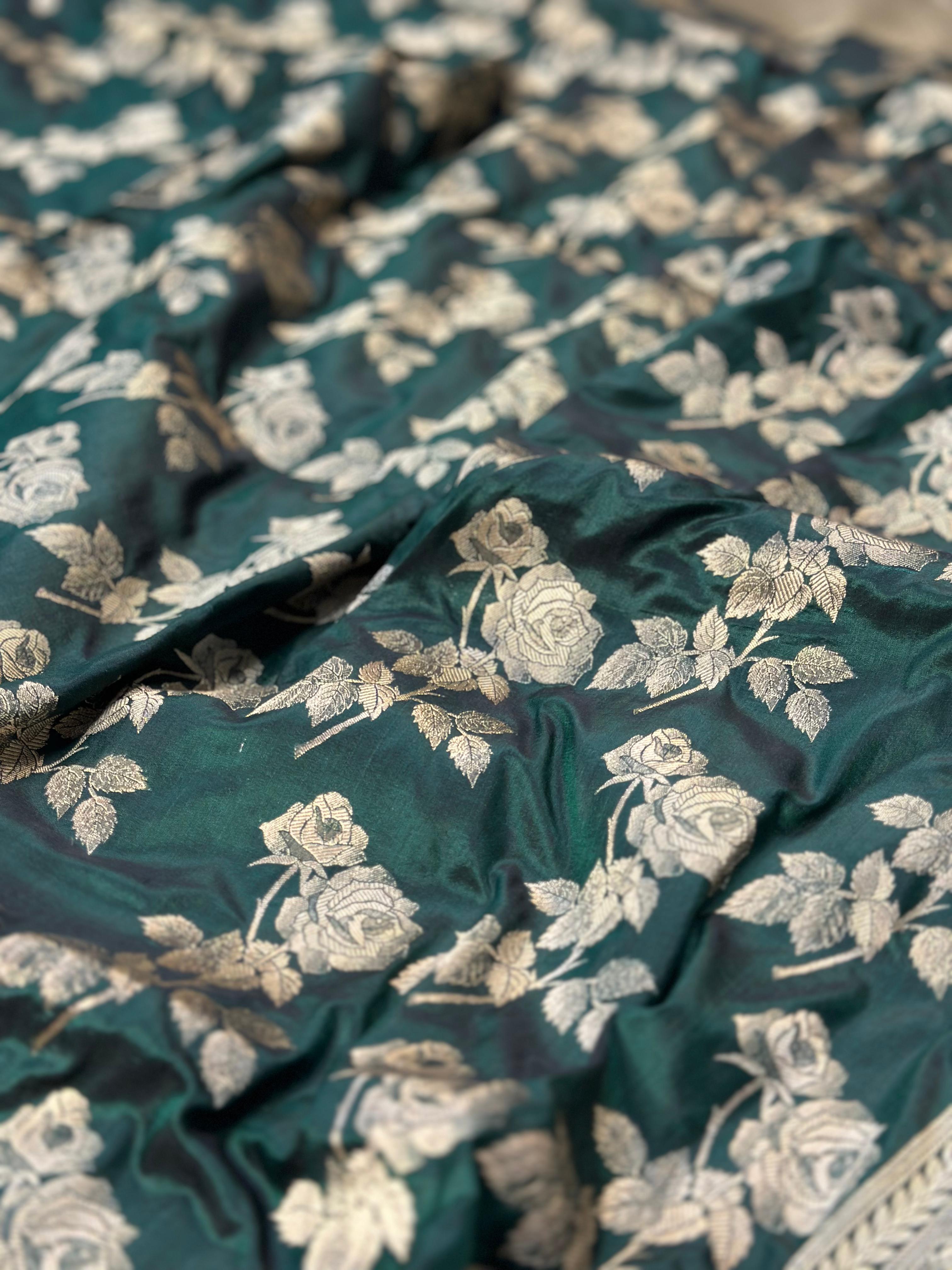 Pure Katan Silk Banarasi Saree Woven with Golden Zari in Rose buta pattern