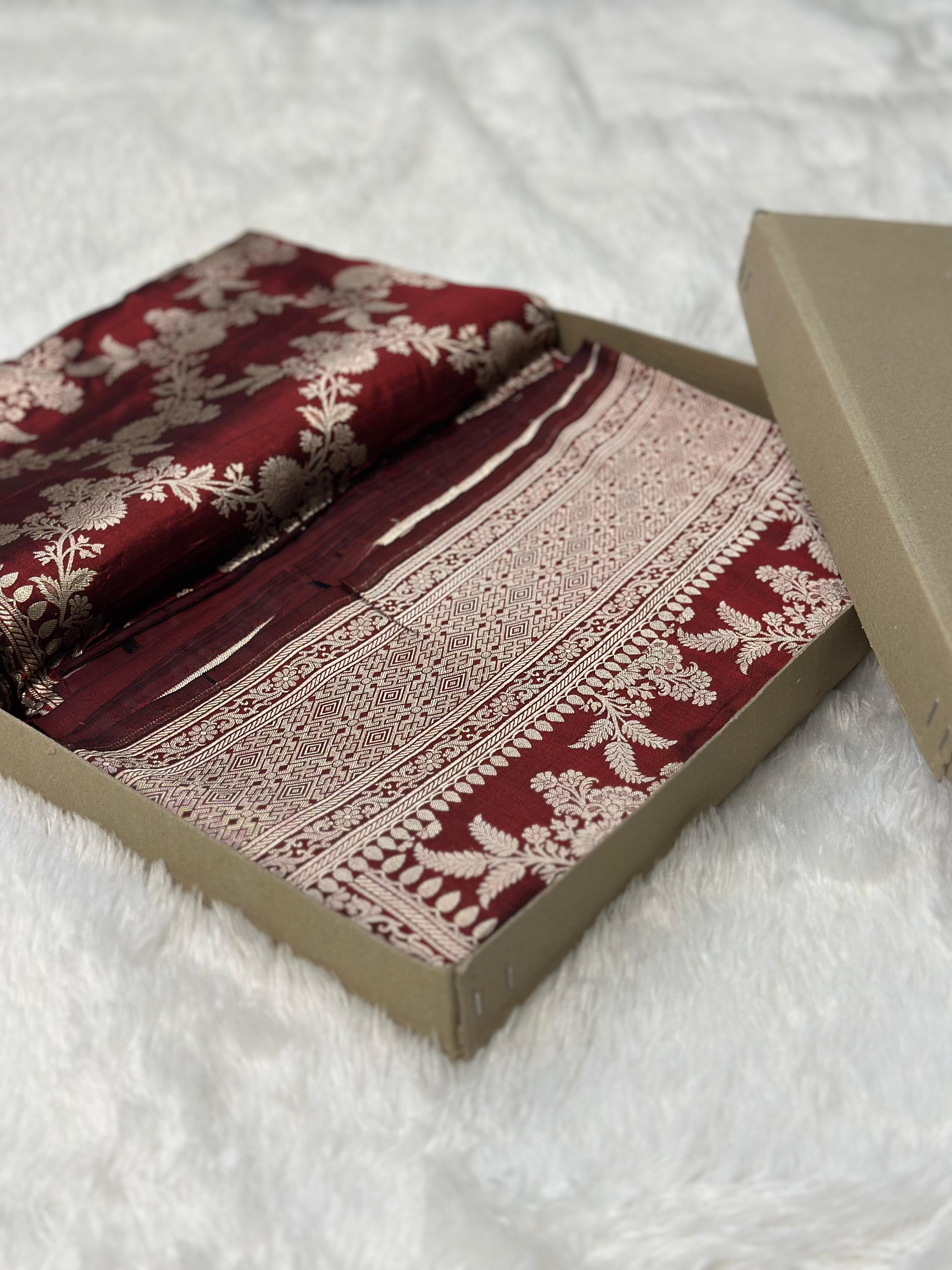 Pure katan silk banarasi saree woven with golden zari in jangla pattern