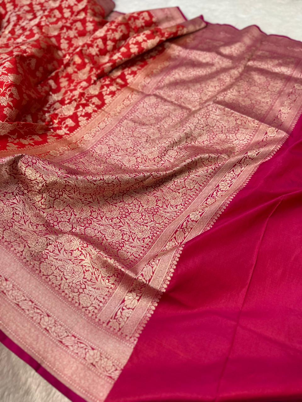 Pure Katan Silk Banarasi Saree Woven with Golden Zari in Jaal Pattern