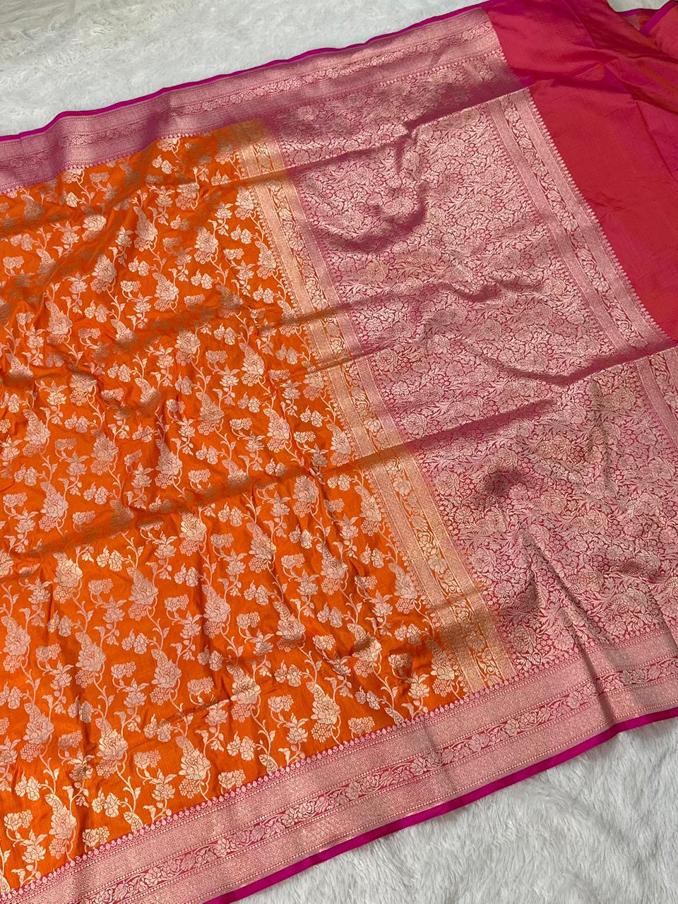 Pure Katan Silk Banarasi Saree Woven with Golden Zari in Jaal pattern