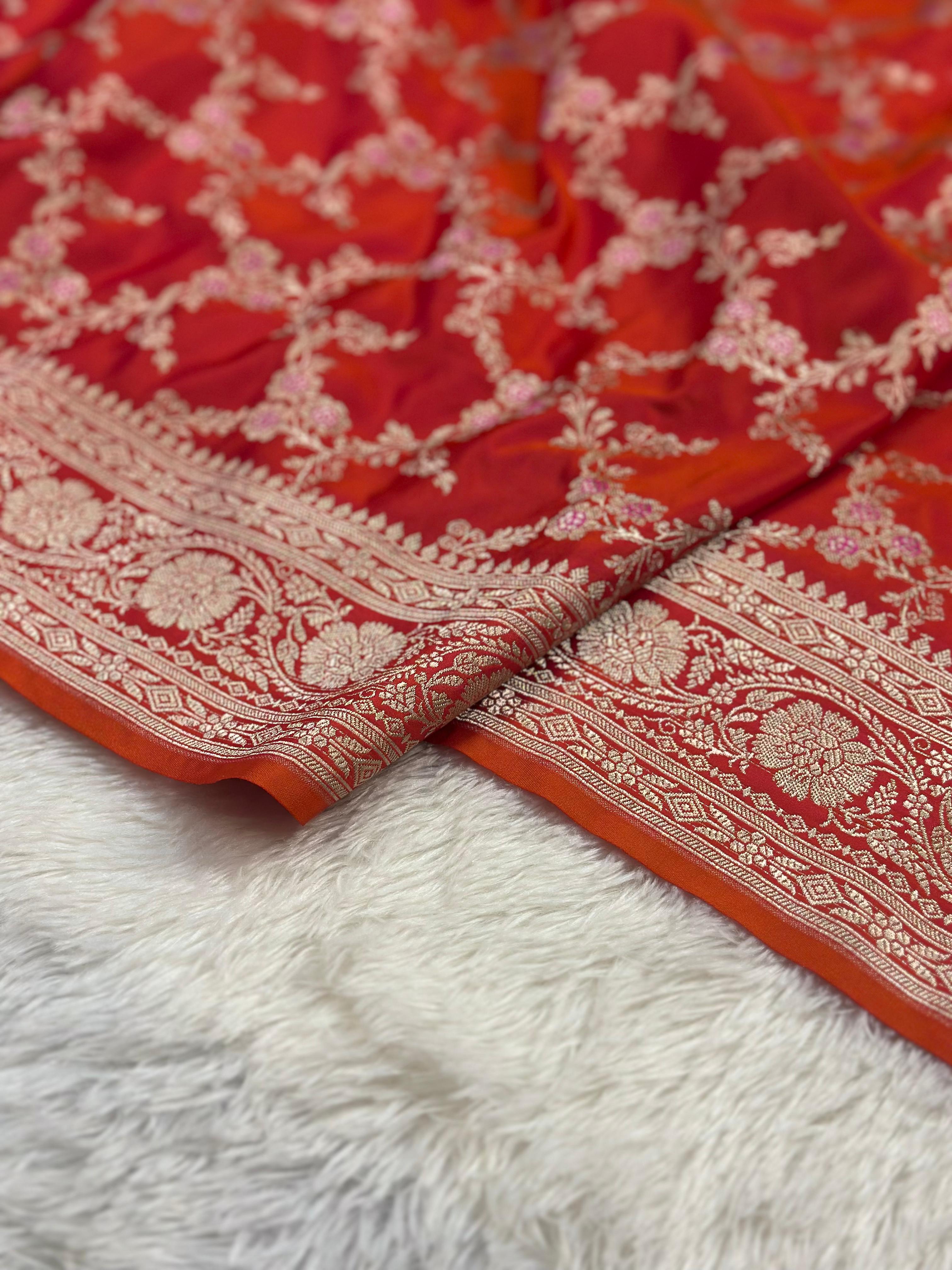 Mashru Silk Banarasi Saree woven with golden zari and minakari work of rani pink