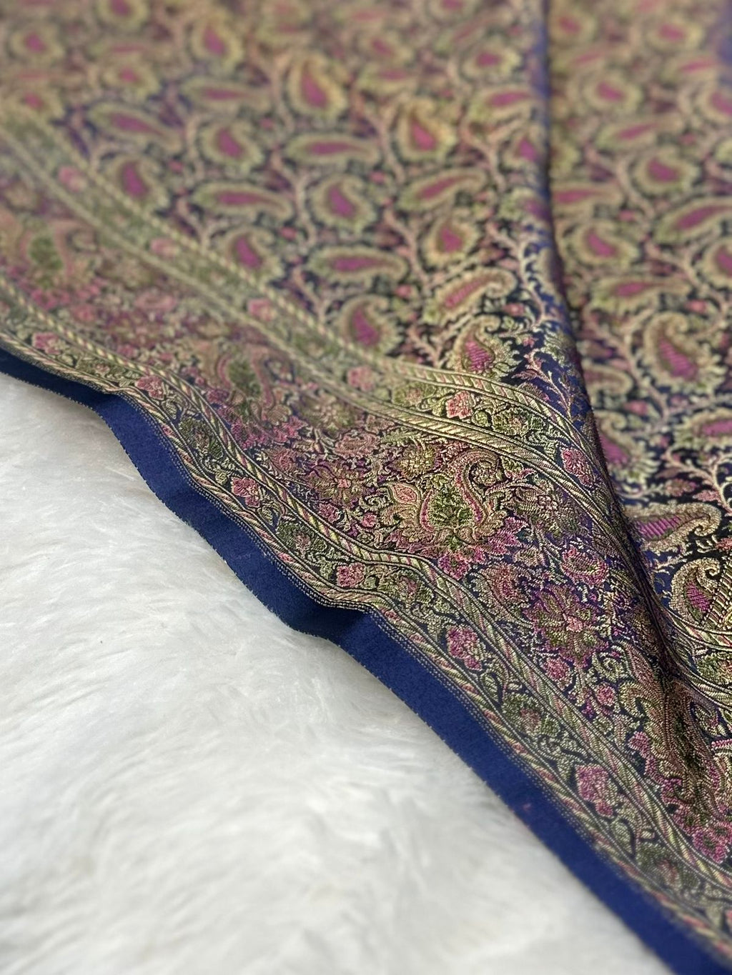 Satin Tanchui Jamawar Saree woven with golden zari multicolour paisley work