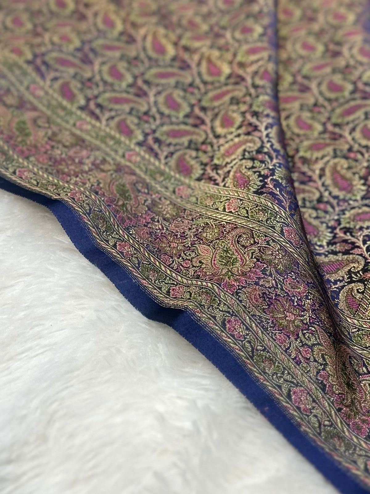 Satin Tanchui Jamawar Saree woven with golden zari multicolour paisley work