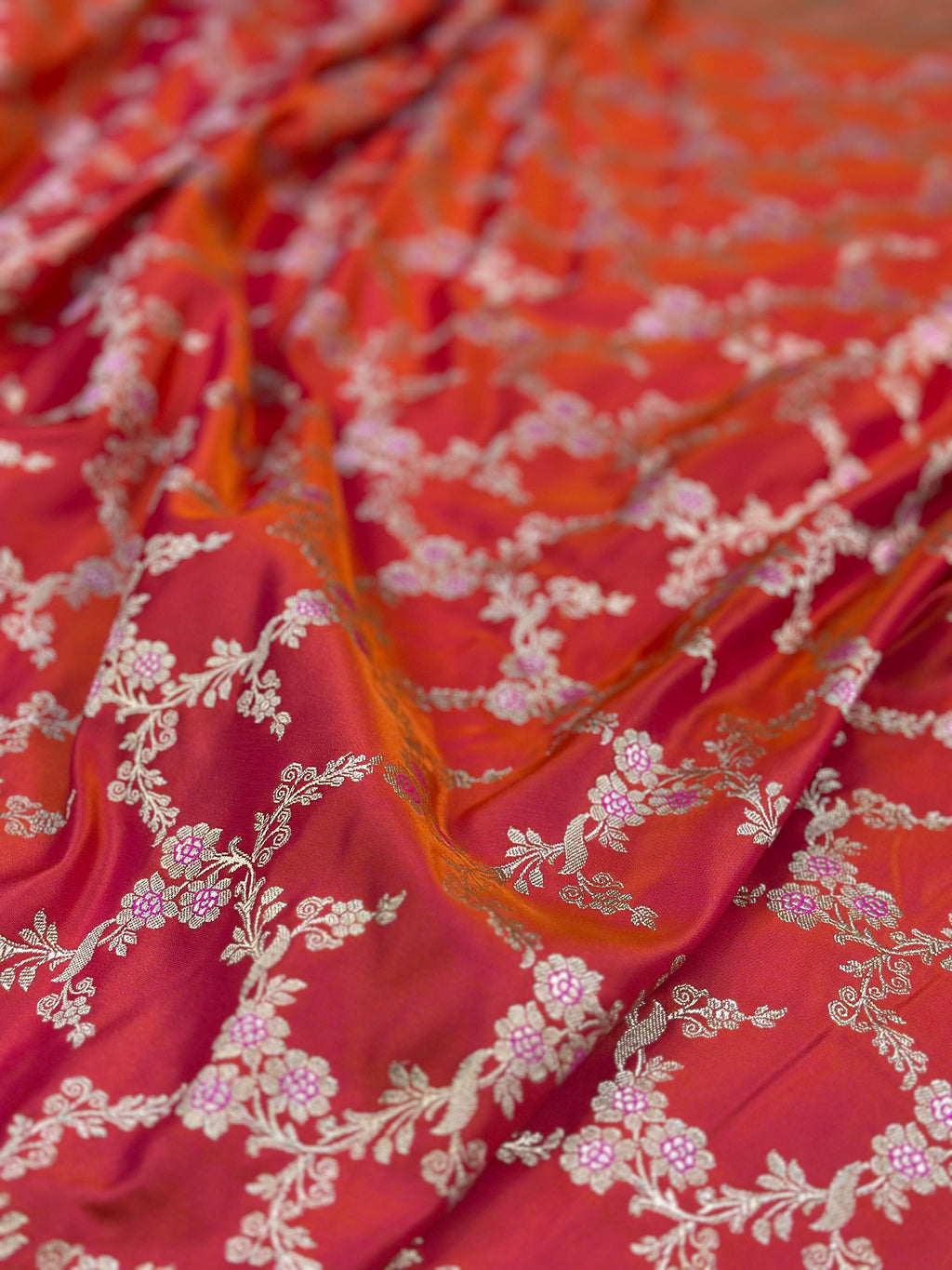 Mashru Silk Banarasi Saree woven with golden zari and minakari work of rani pink