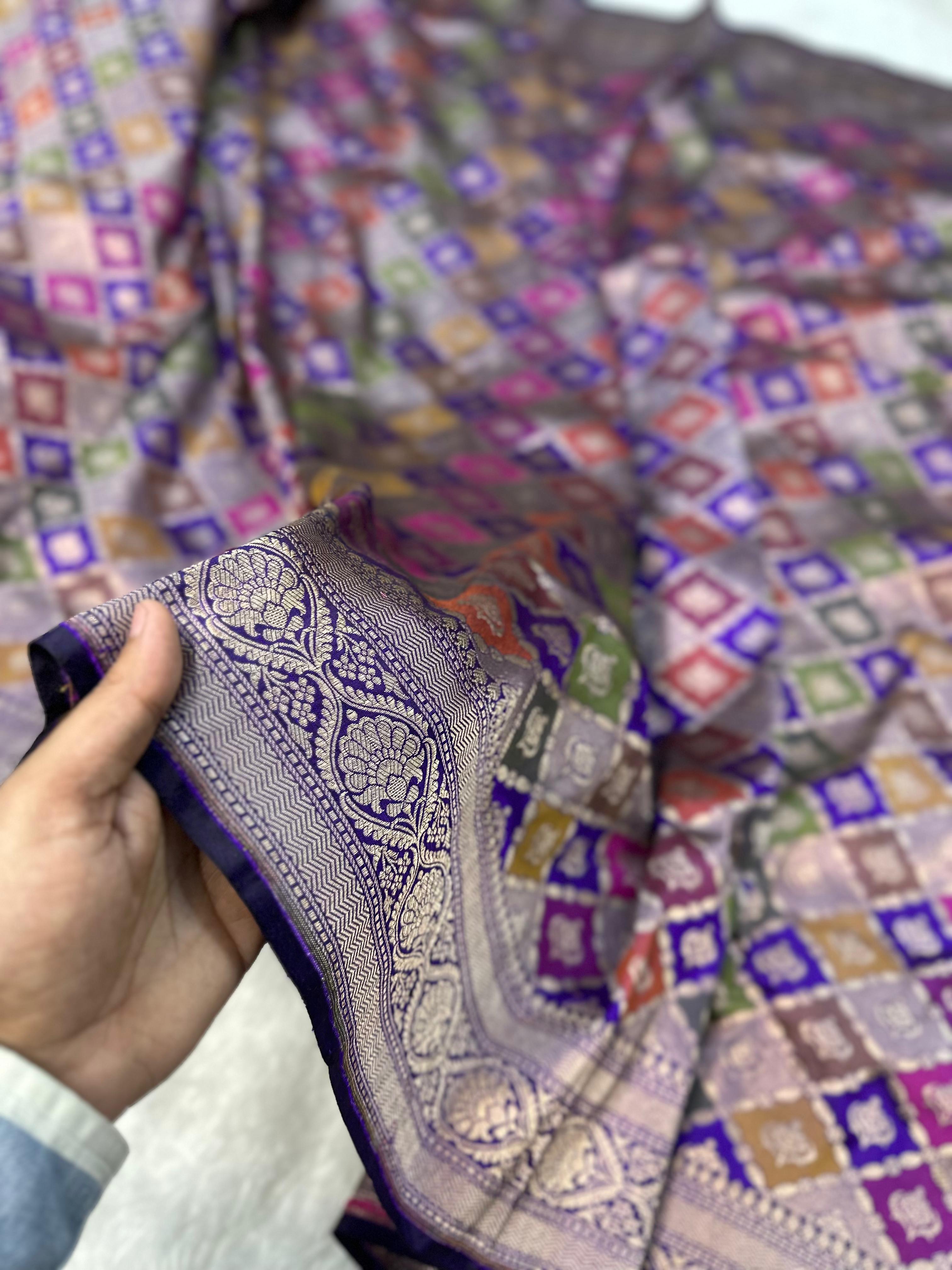 Pure Katan Silk Banarasi Saree Woven with Golden Zari in Geometric Rangkat Pattern
