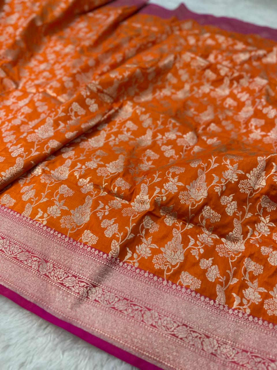 Pure Katan Silk Banarasi Saree Woven with Golden Zari in Jaal pattern