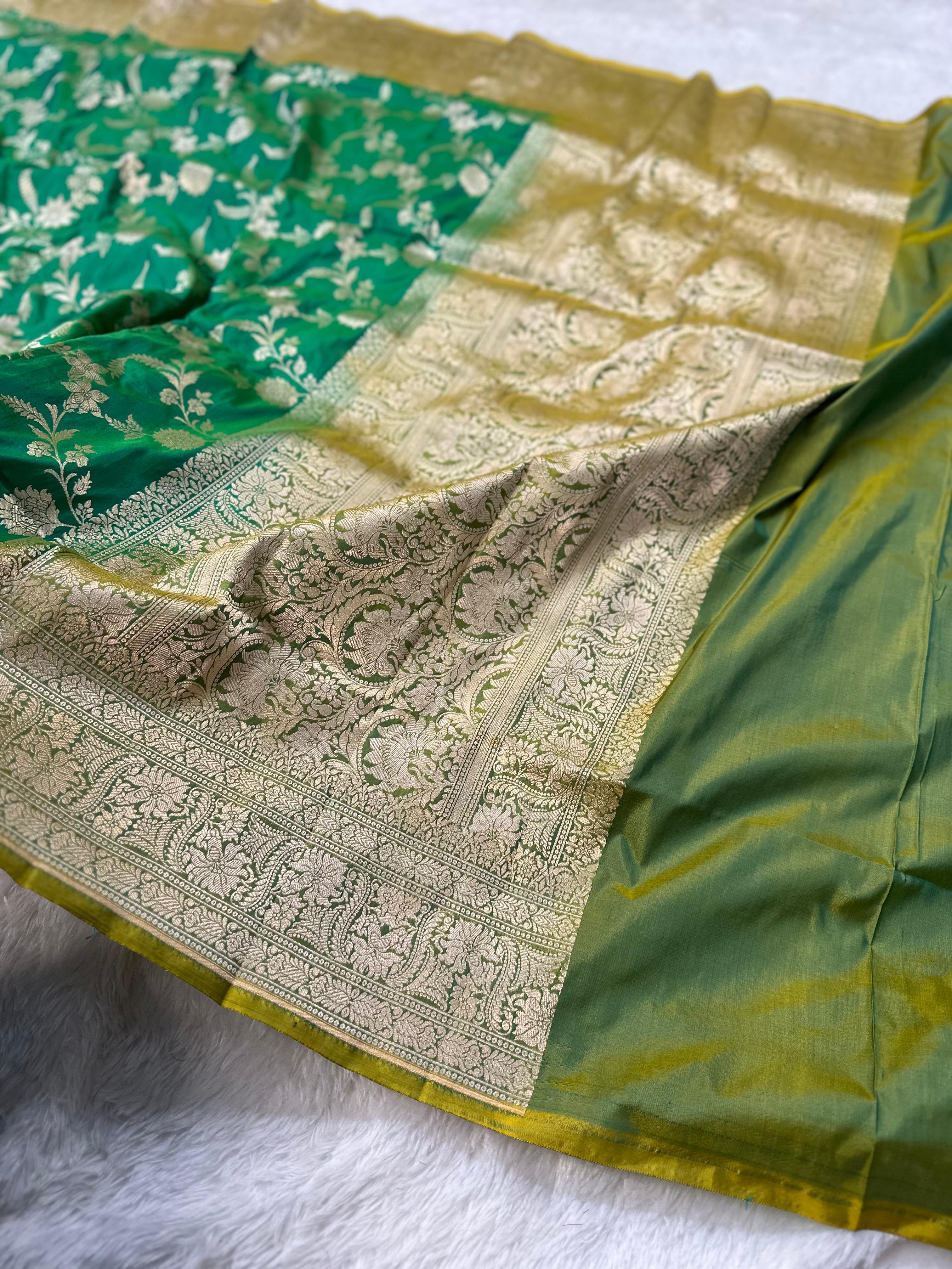 Pure Katan Silk Banarasi Saree Woven with Golden Zari in Contrast Jaal Pattern
