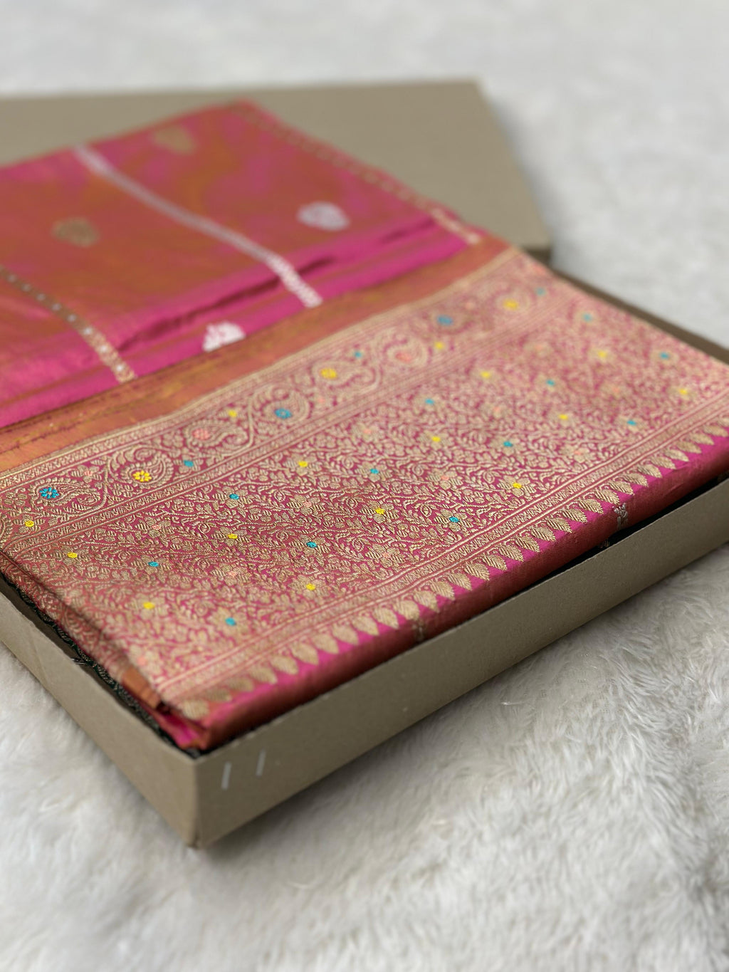 Pure Katan Silk Banarasi Saree Woven with Golden Zari in Buti Pattern