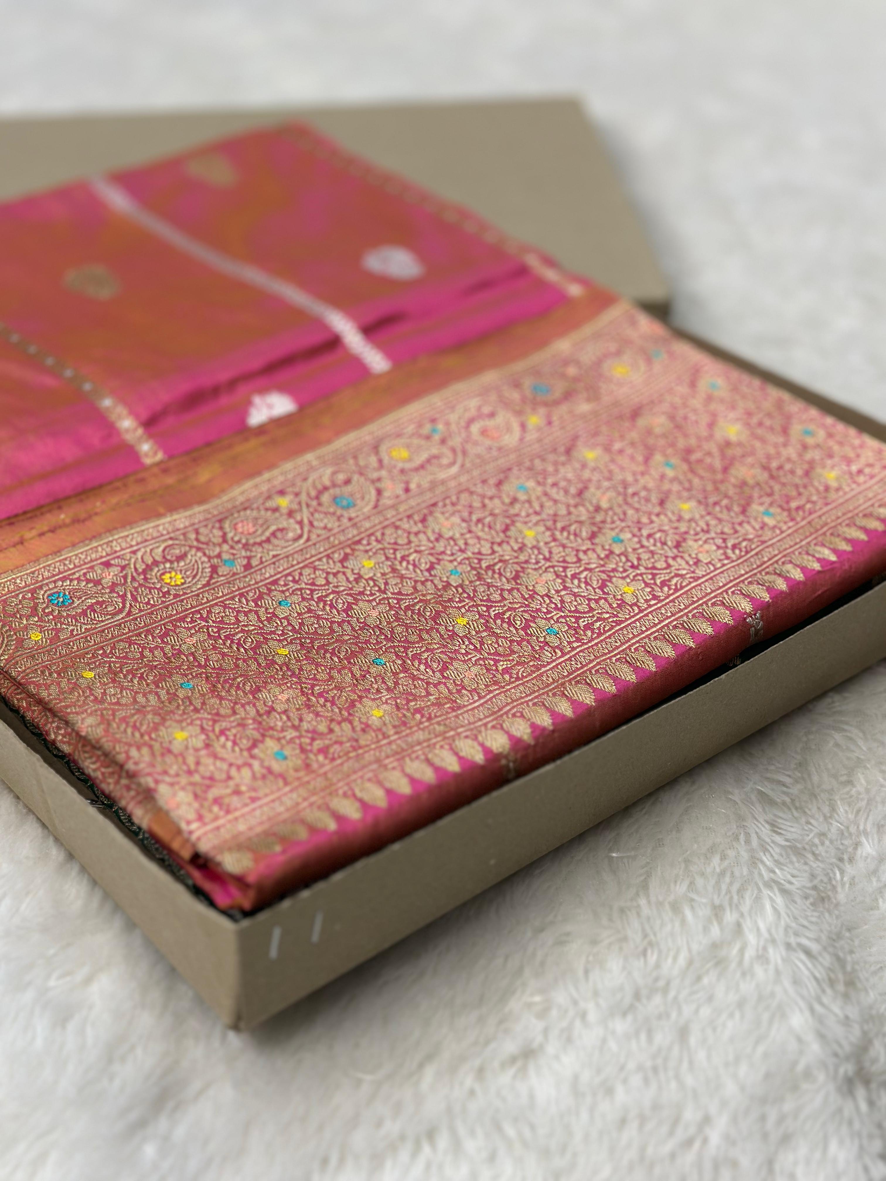 Pure Katan Silk Banarasi Saree Woven with Golden Zari in Buti Pattern