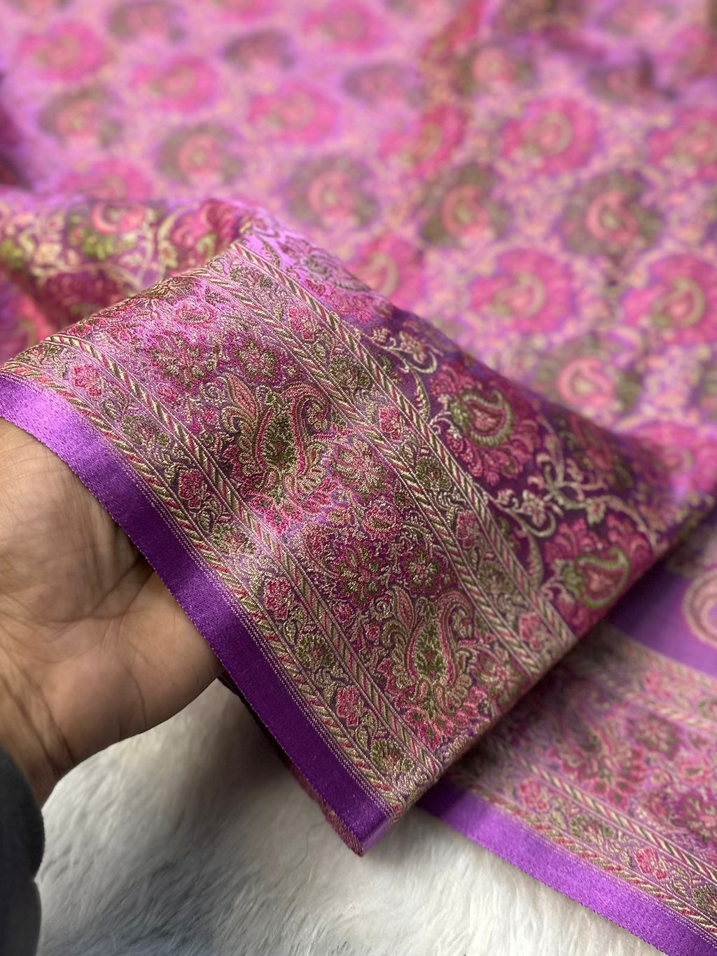 Satin Tanchui Jamawar Saree woven with golden zari multicolour paisley work