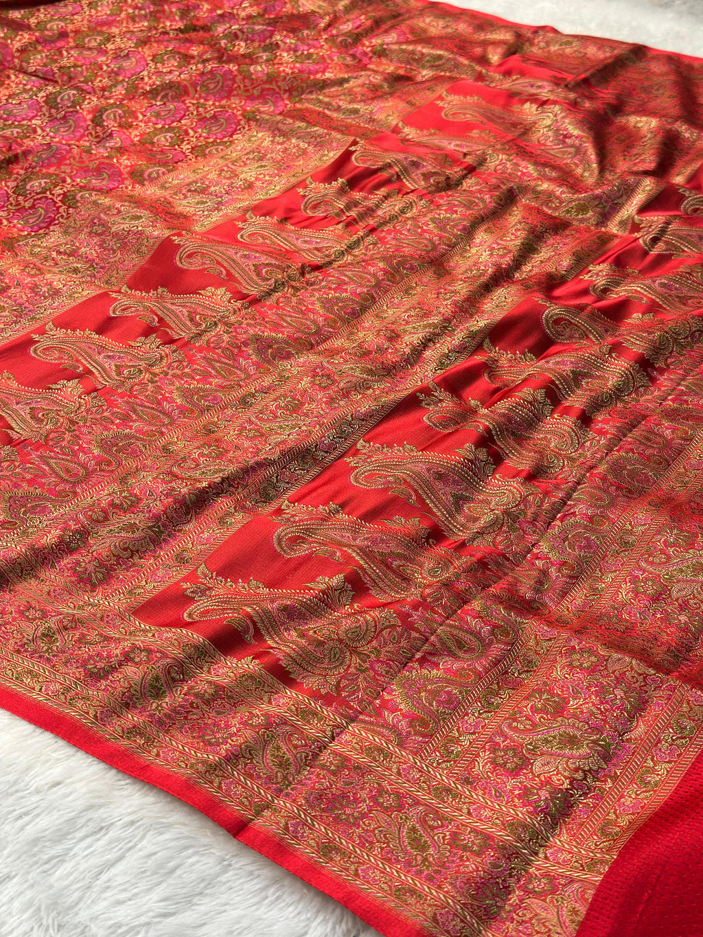 Satin Tanchui Jamawar Saree woven with golden zari multicolour paisley work