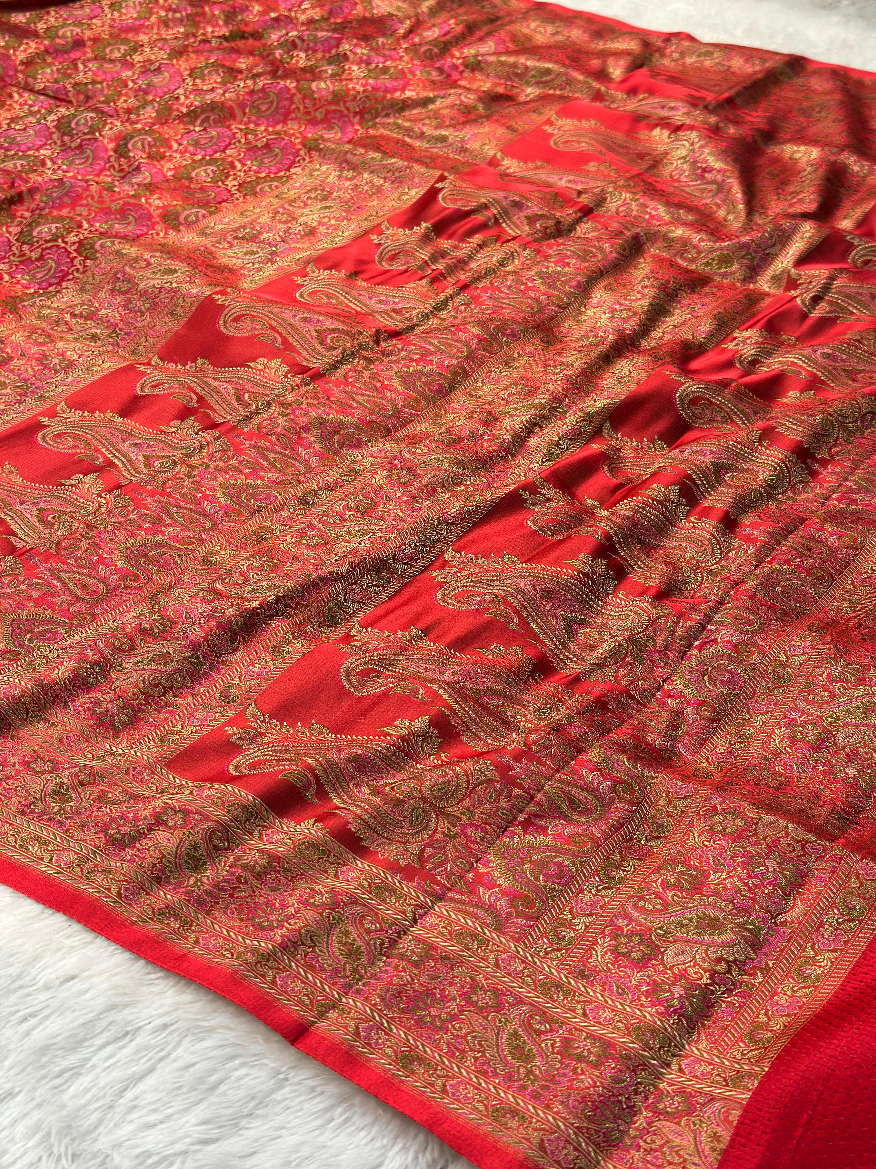 Satin Tanchui Jamawar Saree woven with golden zari multicolour paisley work