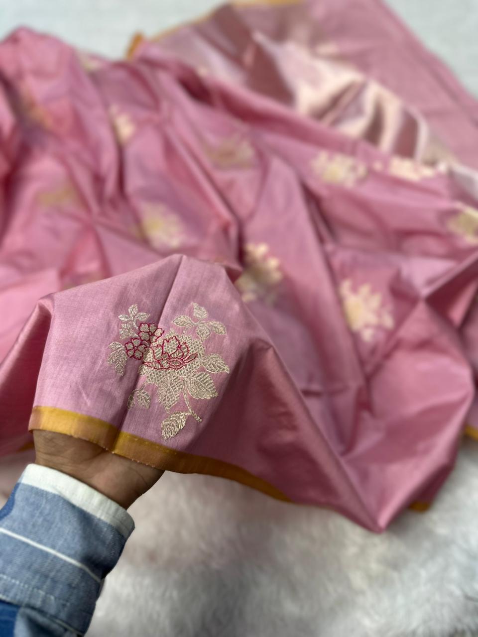 Baby Pink Pure Katan Silk Kadua Weave Banarasi Saree with Meenakari Buta