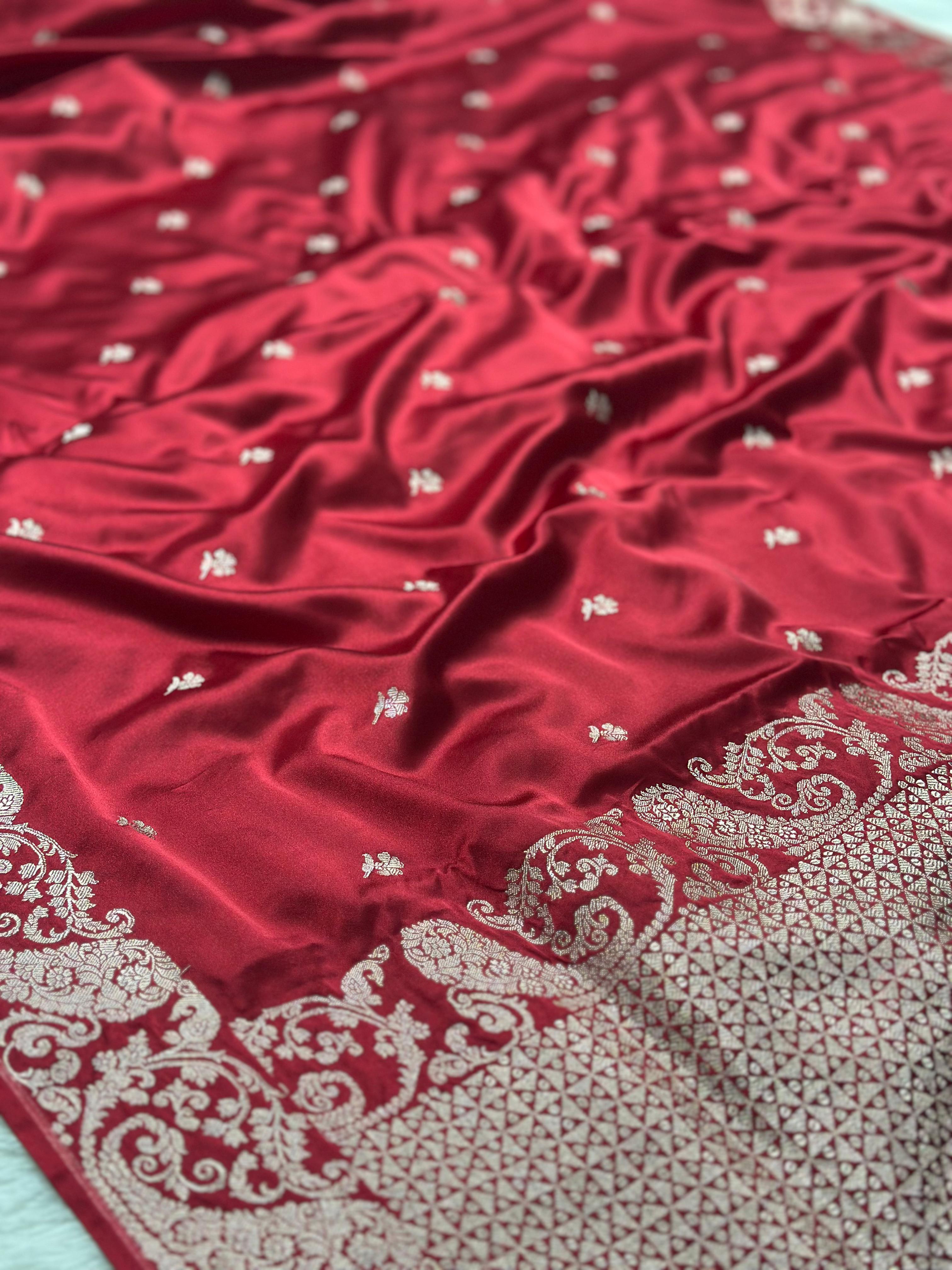 Mashru Silk Banarasi Saree Woven with Golden Zari in Buti Pattern and Grand Pallu