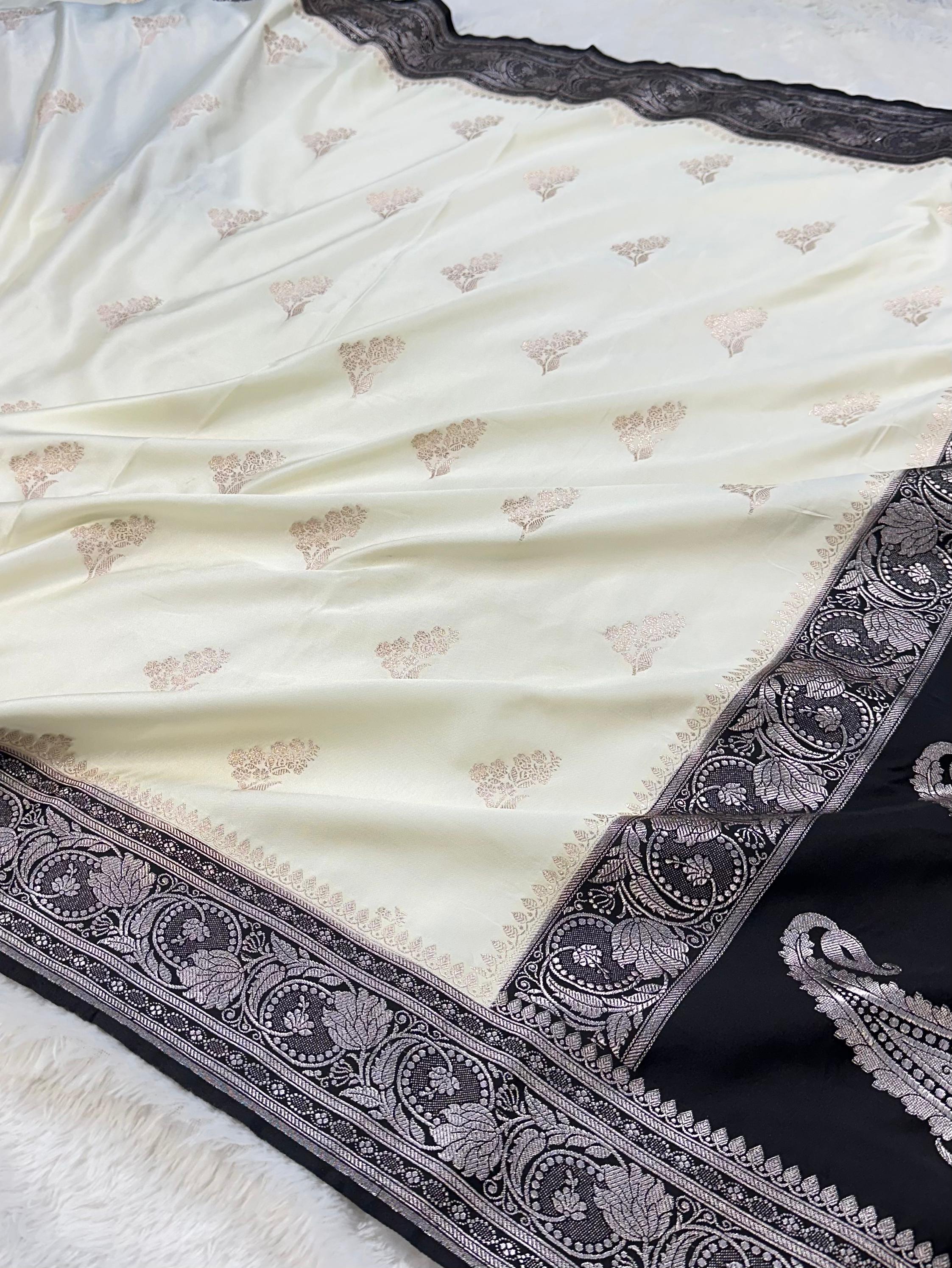 Cream and Black Contrast Buta Mashru Silk Saree