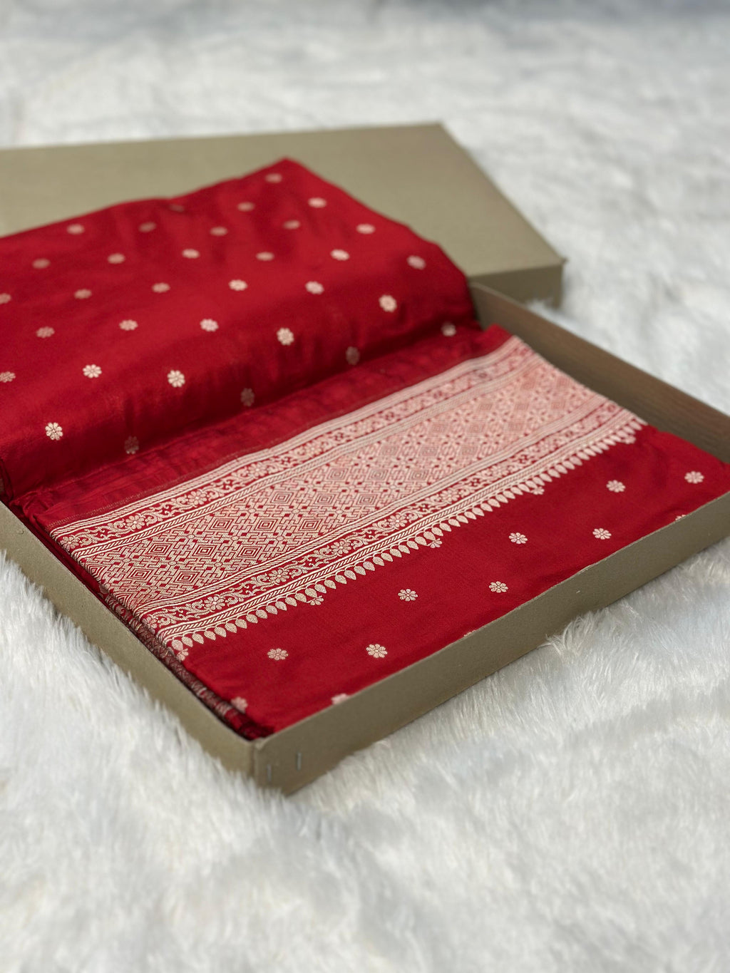 Pure katan silk banarasi saree woven with golden zari in chunari buti pattern