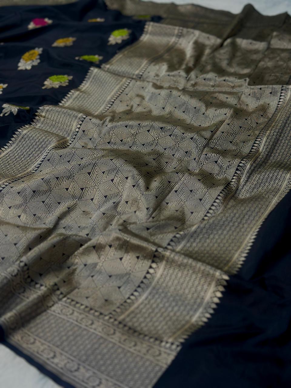 Pure Katan Silk Banarasi Meenedar Saree Woven with Golden Zari buta pattern