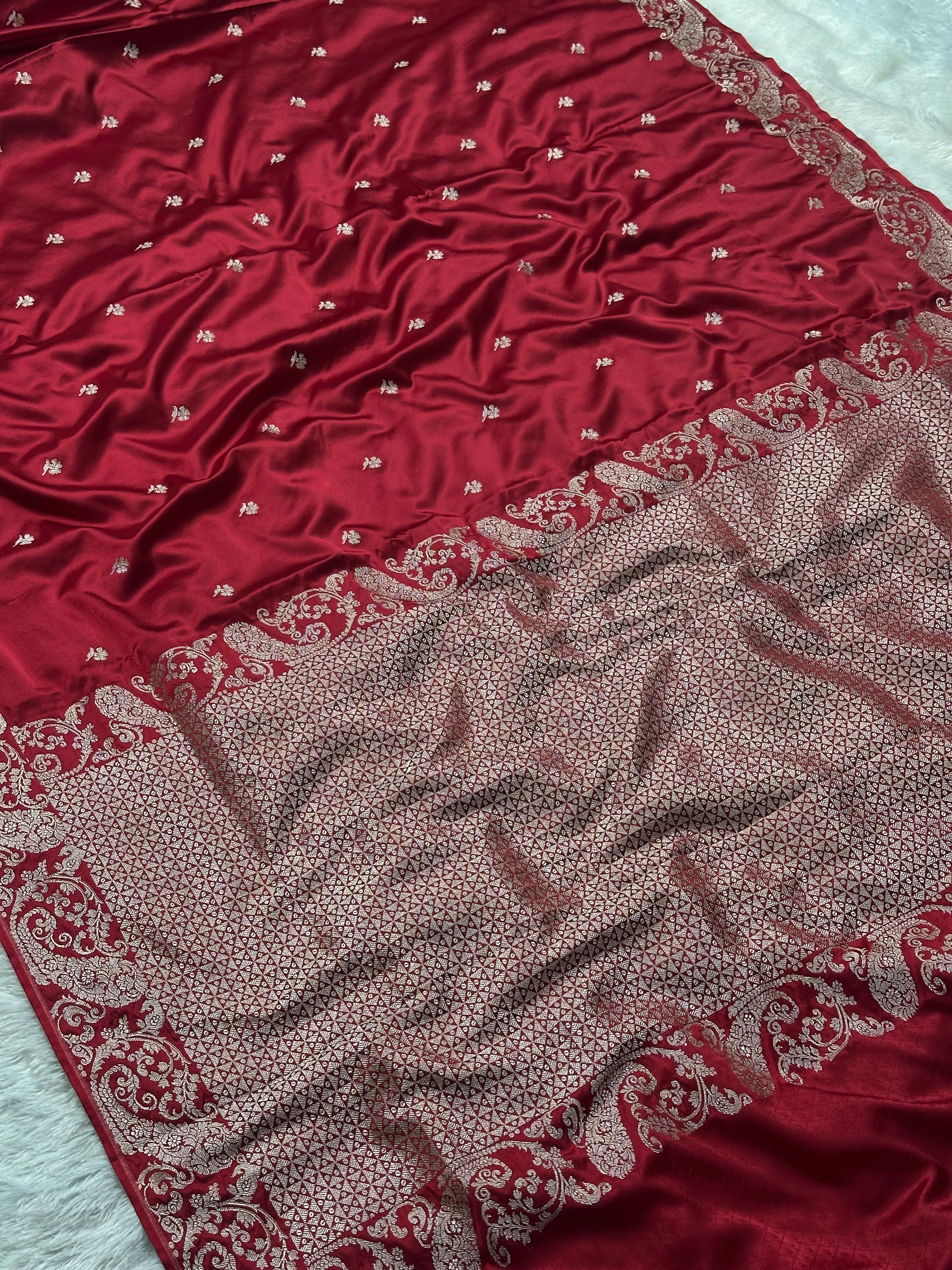 Mashru Silk Banarasi Saree Woven with Golden Zari in Buti Pattern and Grand Pallu