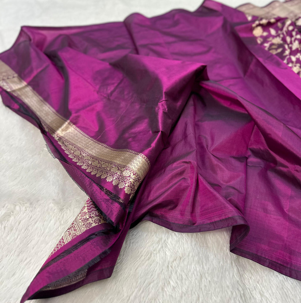 Pure Katan Silk Banarasi Saree Woven with Golden Zari in Jaal pattern