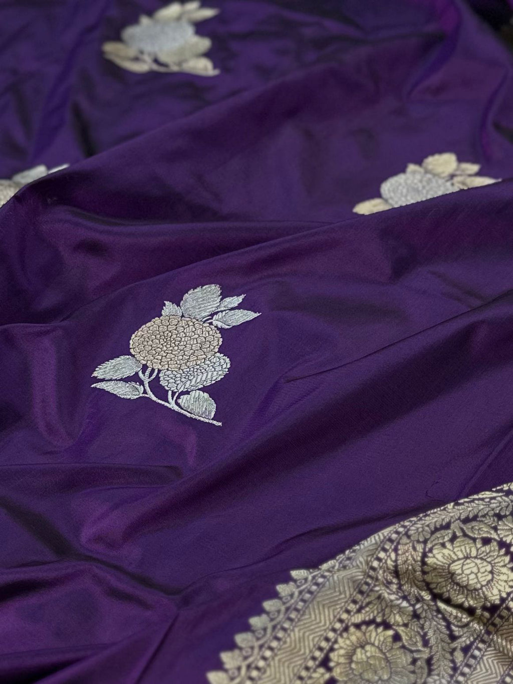 Royal Purple Pure Katan Silk Kadua Weave Banarasi Saree with Gold and Silver Buta