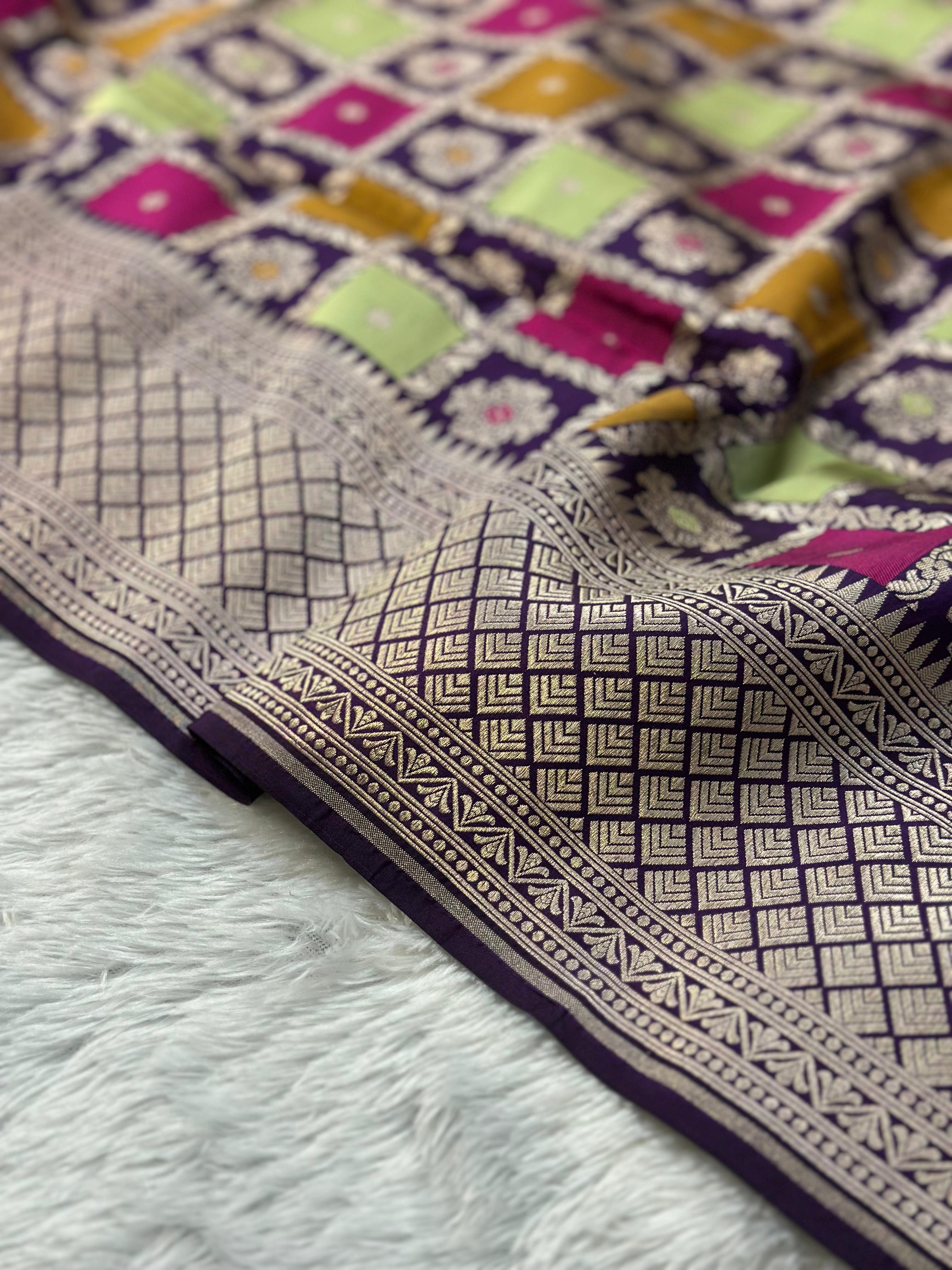 Pure Katan Silk Rangkaat Banarasi Saree Woven with Golden Zari in Multiple Block pattern