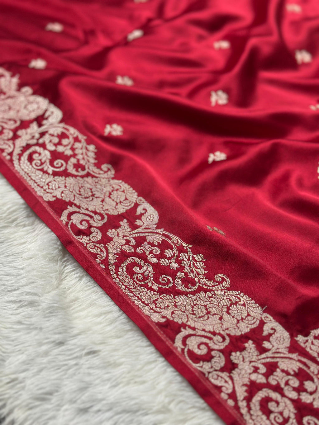 Mashru Silk Banarasi Saree Woven with Golden Zari in Buti Pattern and Grand Pallu