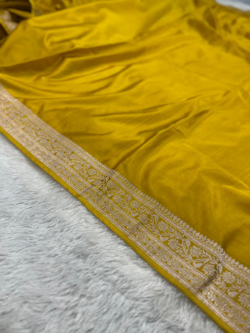 Mashru Silk Banarasi Saree Woven with Golden Zari in Plain with Grand Pallu