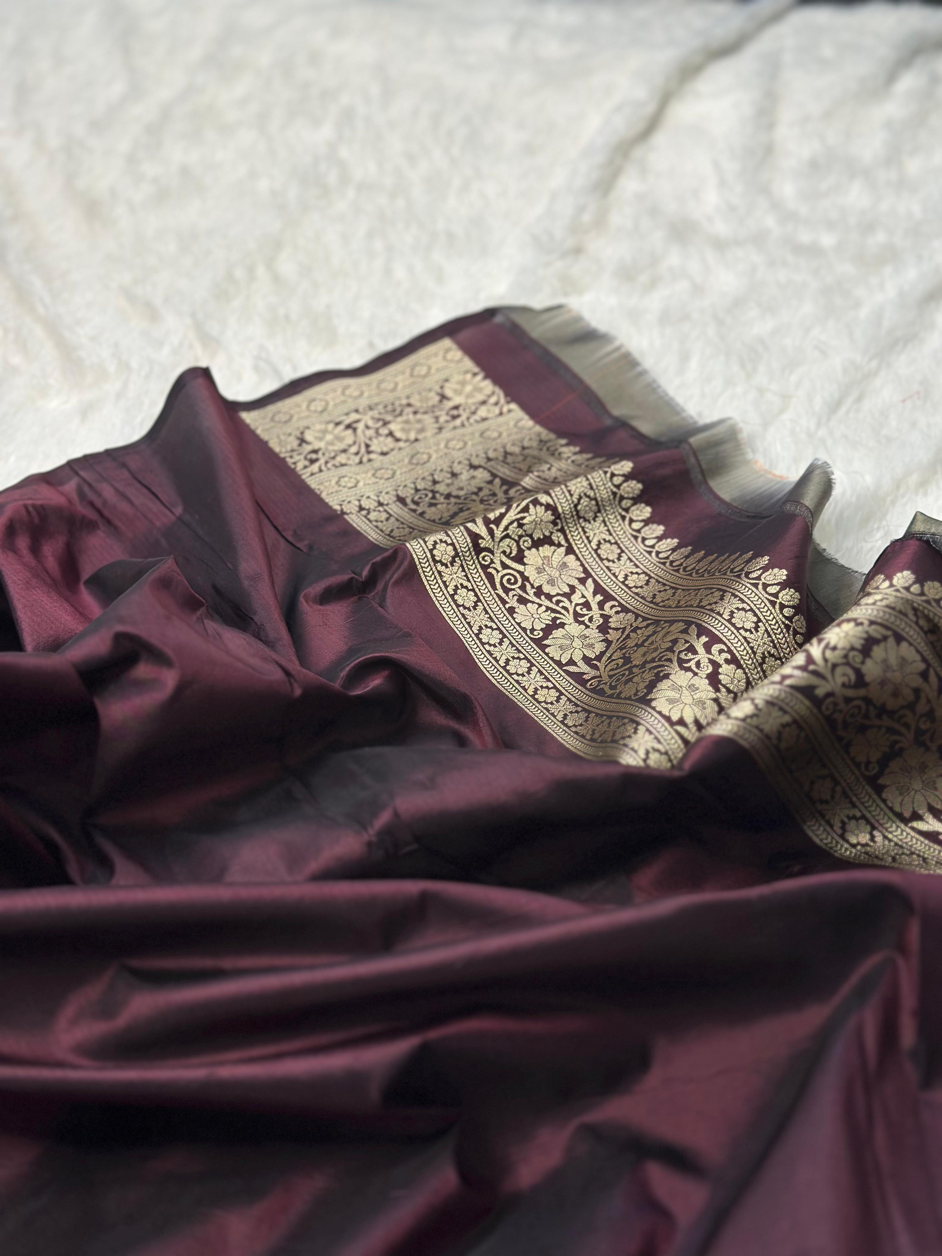 Pure katan silk banarasi saree woven with golden zari in brocade pattern