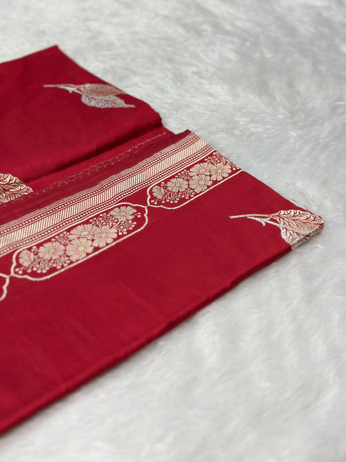 Bridal Red Pure Katan Silk Kadua Weave Banarasi Saree with Gold and Silver Buta