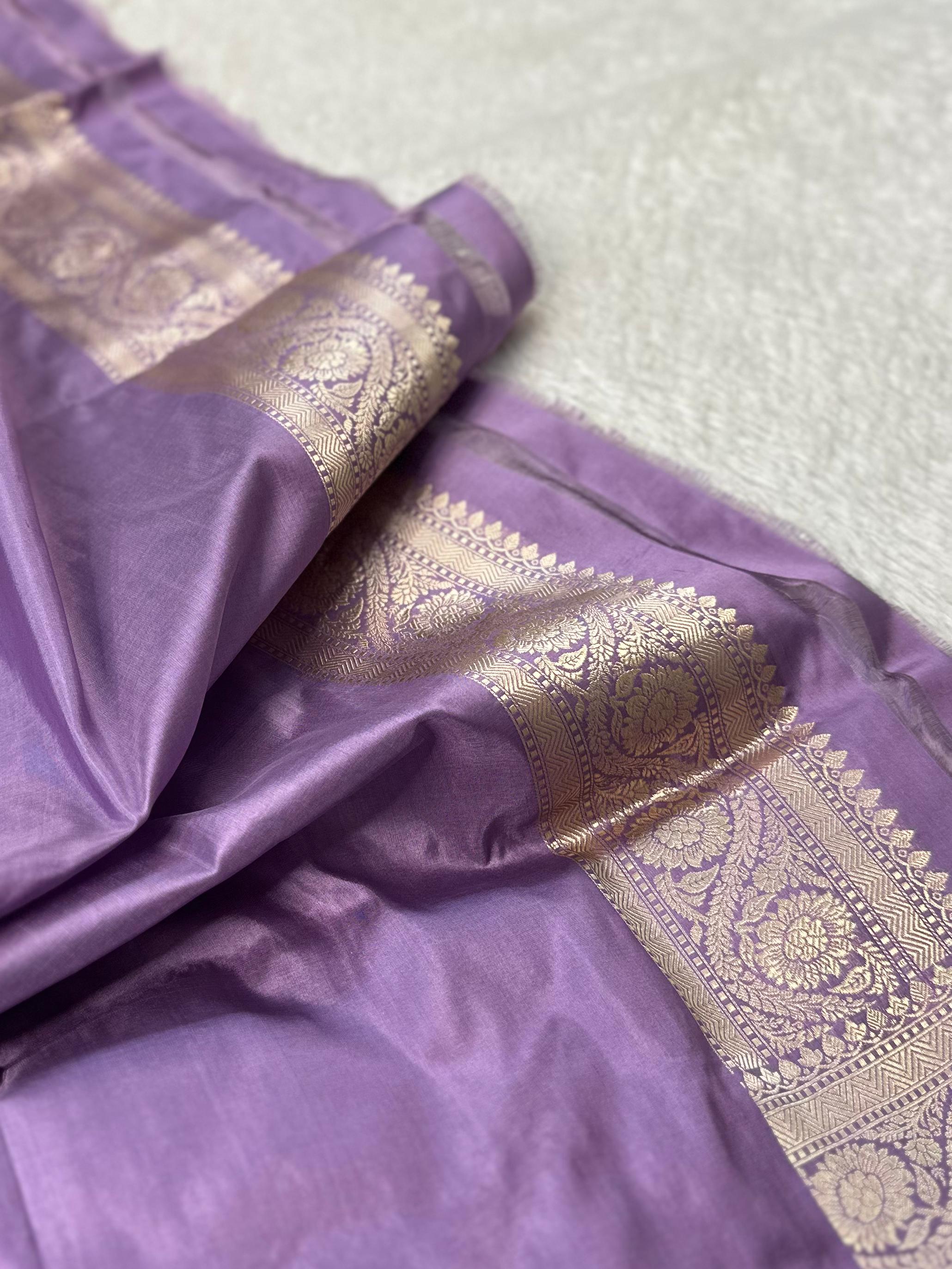 Dusty Lavender Pure Katan Silk Kadua Weave Banarasi Saree with Gold and Silver Buta