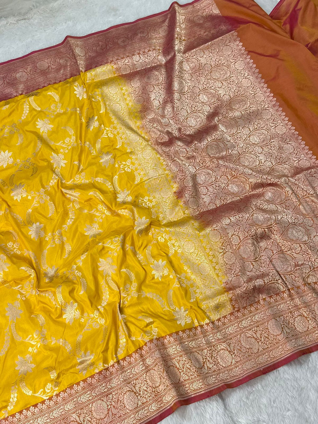 Pure Katan Silk Banarasi Saree Woven with Golden Zari in buta pattern with contrast border