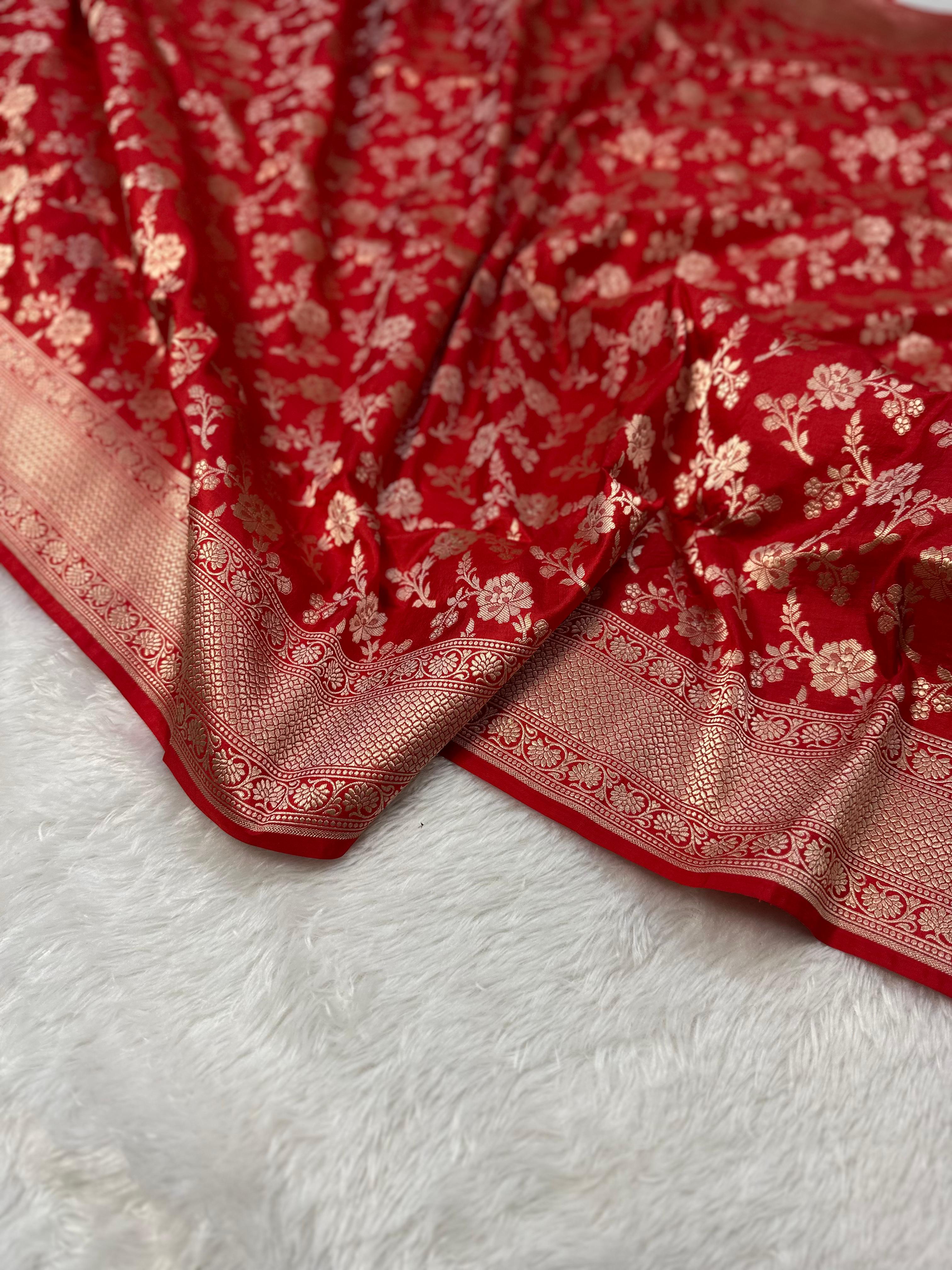 Pure Katan Silk Banarasi Saree Woven with Golden Zari in Jaal Pattern