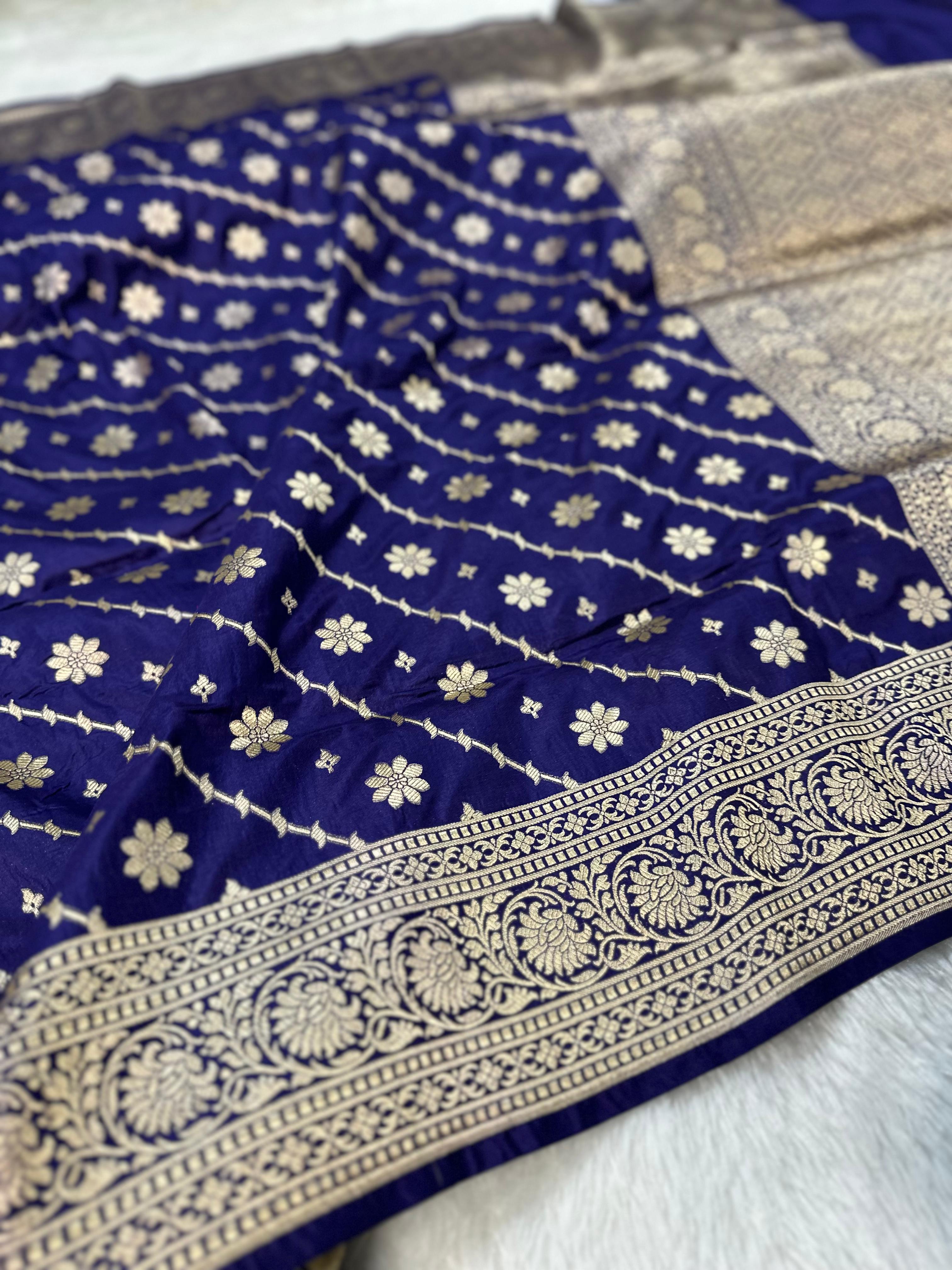 Pure Katan Silk Banarasi Saree Woven with Golden Zari in geometric jaal pattern
