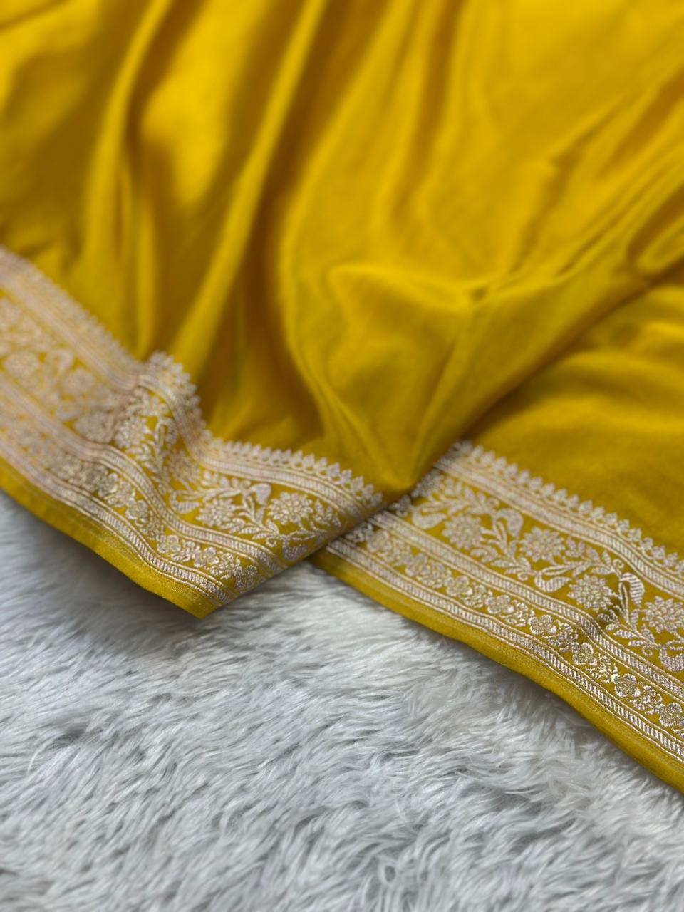 Mashru Silk Banarasi Saree Woven with Golden Zari in Plain with Grand Pallu