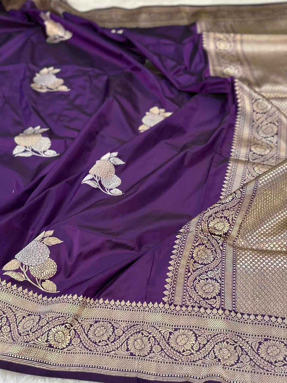 Royal Purple Pure Katan Silk Kadua Weave Banarasi Saree with Gold and Silver Buta