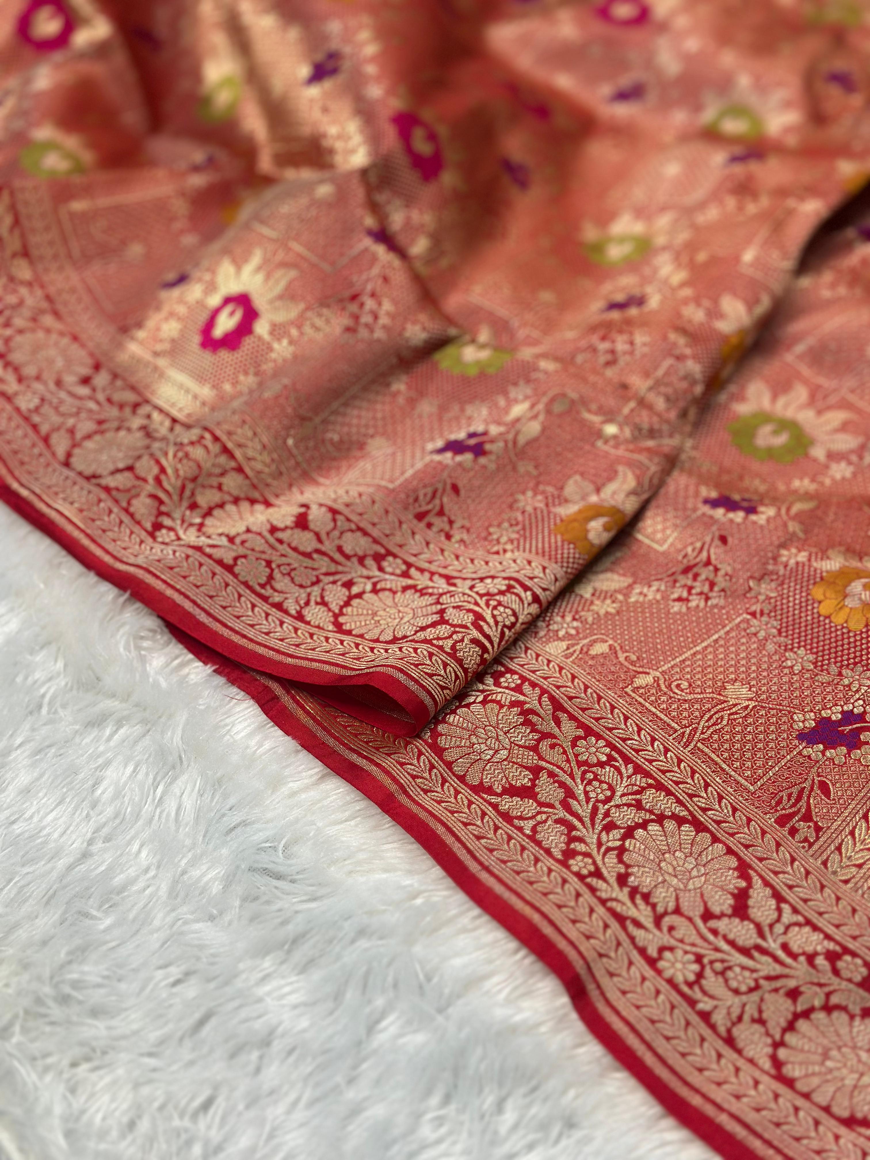 Pure Katan Silk Brocade Banarasi Saree woven with Golden Zari and multicolour minakari work