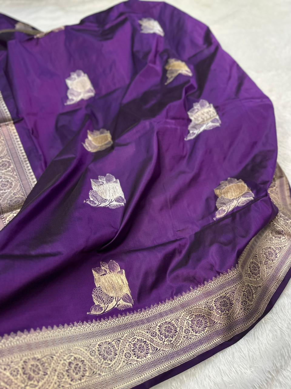 Royal Purple Pure Katan Silk Kadua Weave Banarasi Saree with Gold and Silver Buta