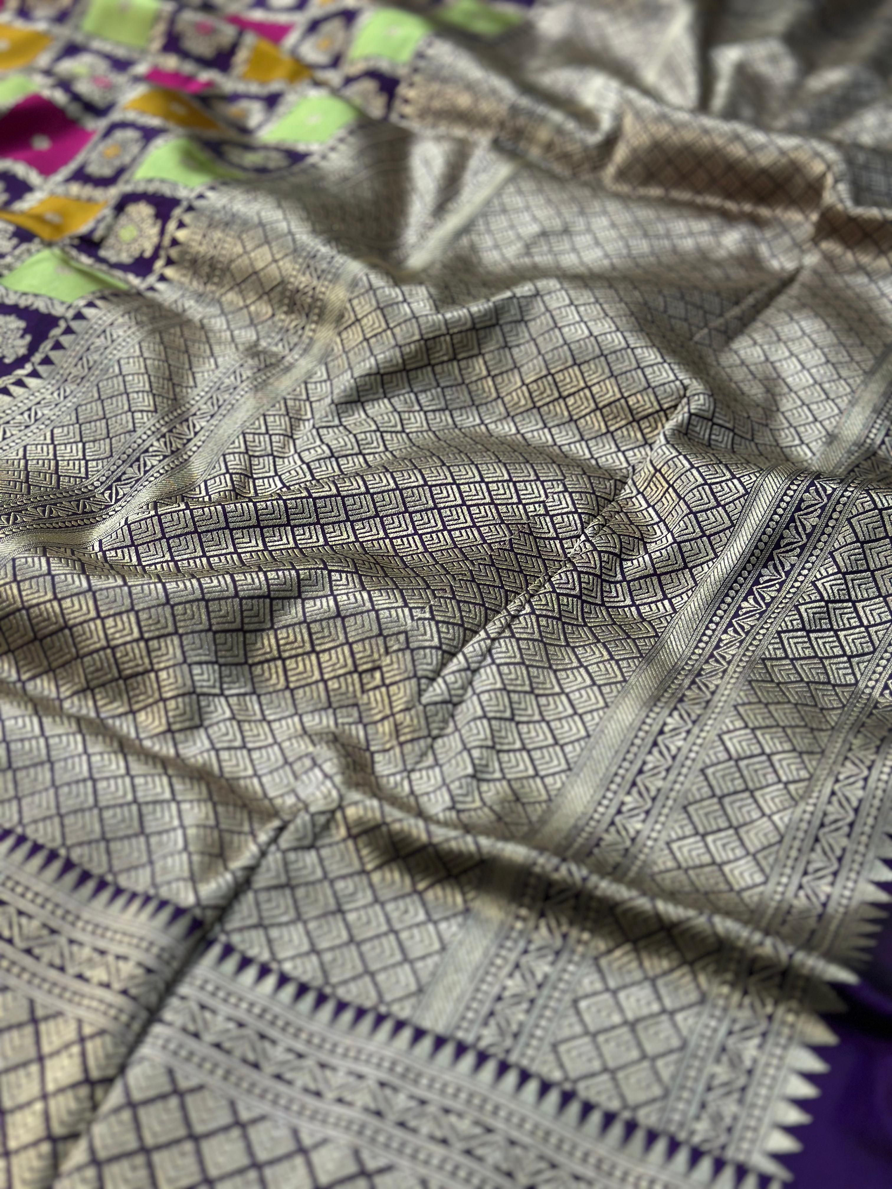 Pure Katan Silk Rangkaat Banarasi Saree Woven with Golden Zari in Multiple Block pattern