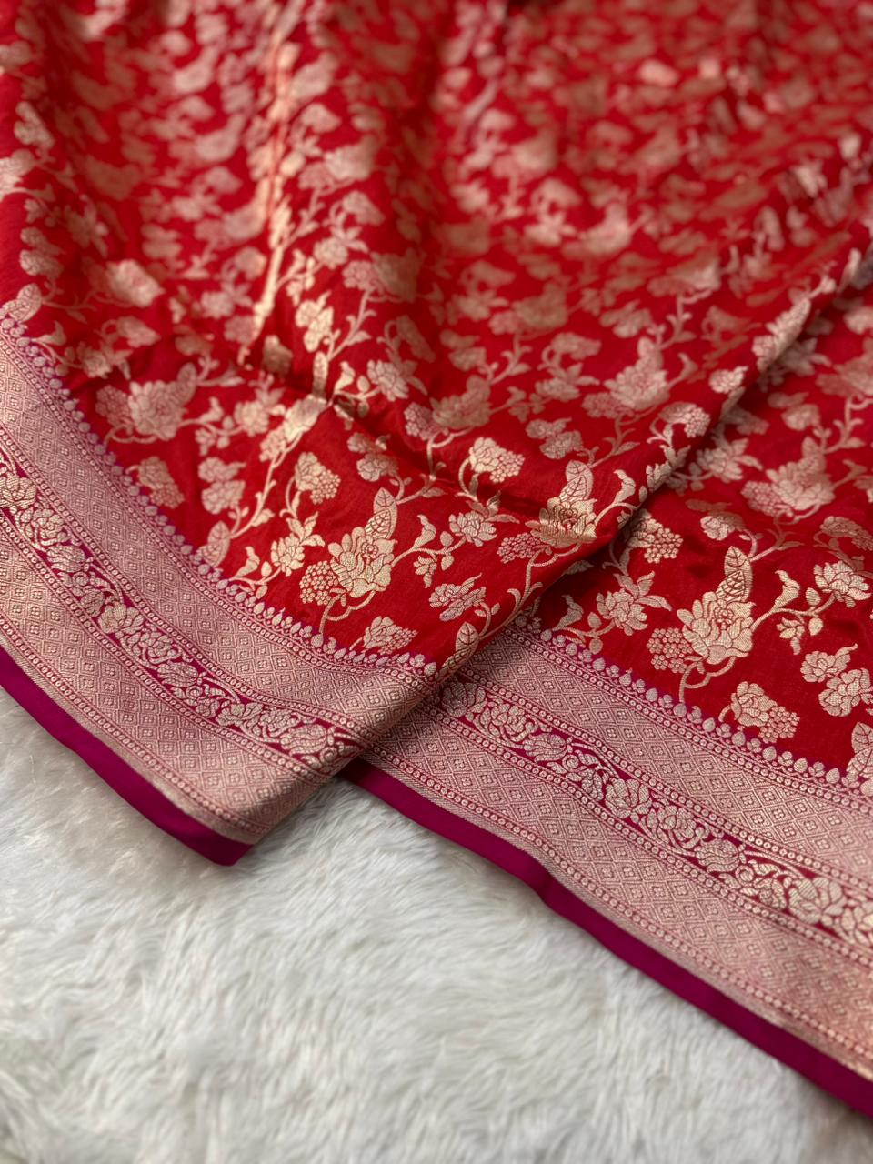 Pure Katan Silk Banarasi Saree Woven with Golden Zari in Jaal Pattern
