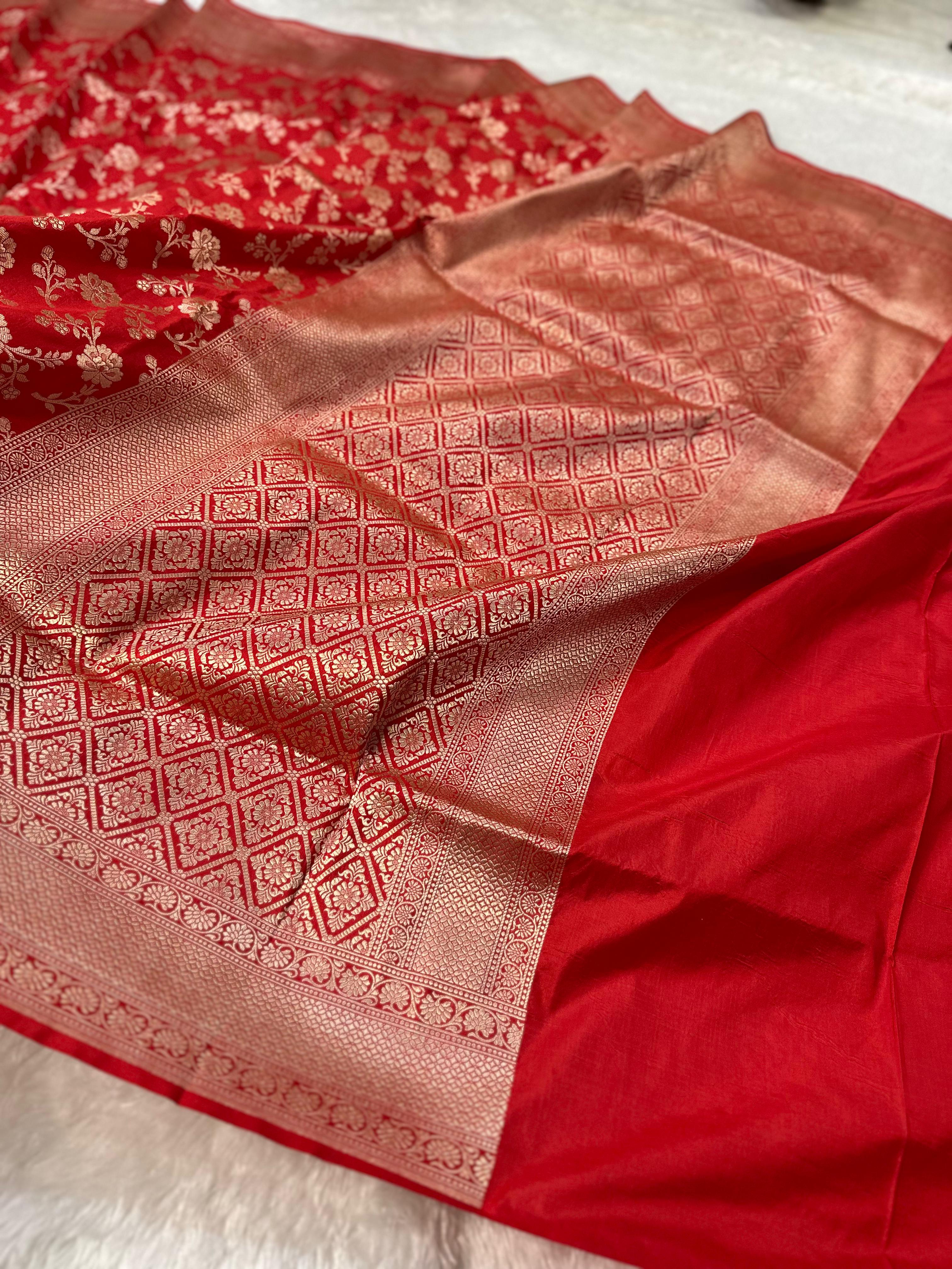 Pure Katan Silk Banarasi Saree Woven with Golden Zari in Jaal Pattern