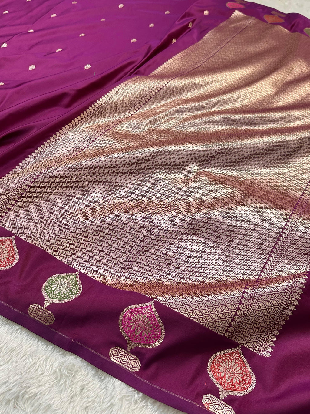 Mashru Silk Banarasi Saree Weaved with Golden Zari in Meenakari Buta Pattern