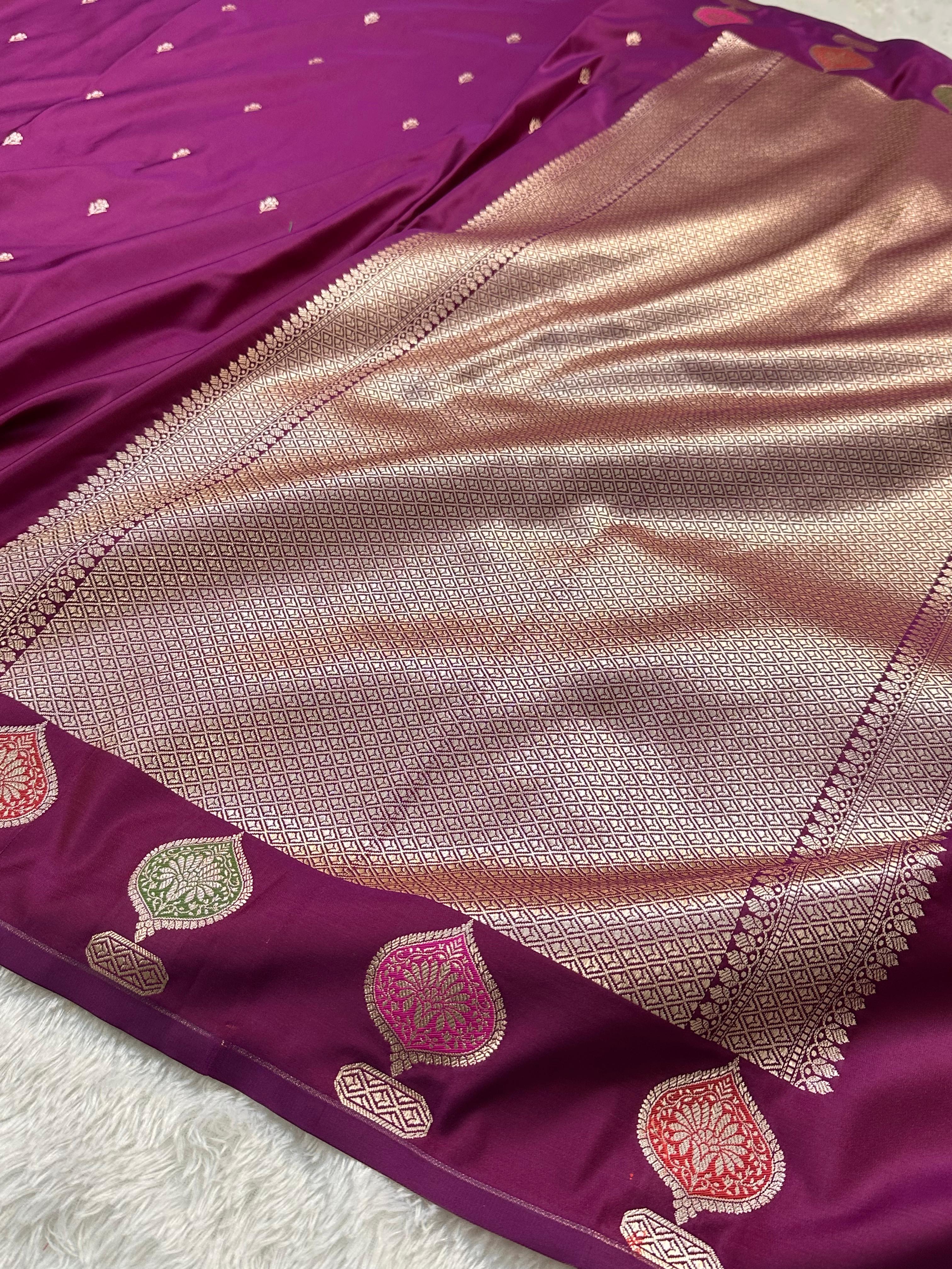 Mashru Silk Banarasi Saree Weaved with Golden Zari in Meenakari Buta Pattern