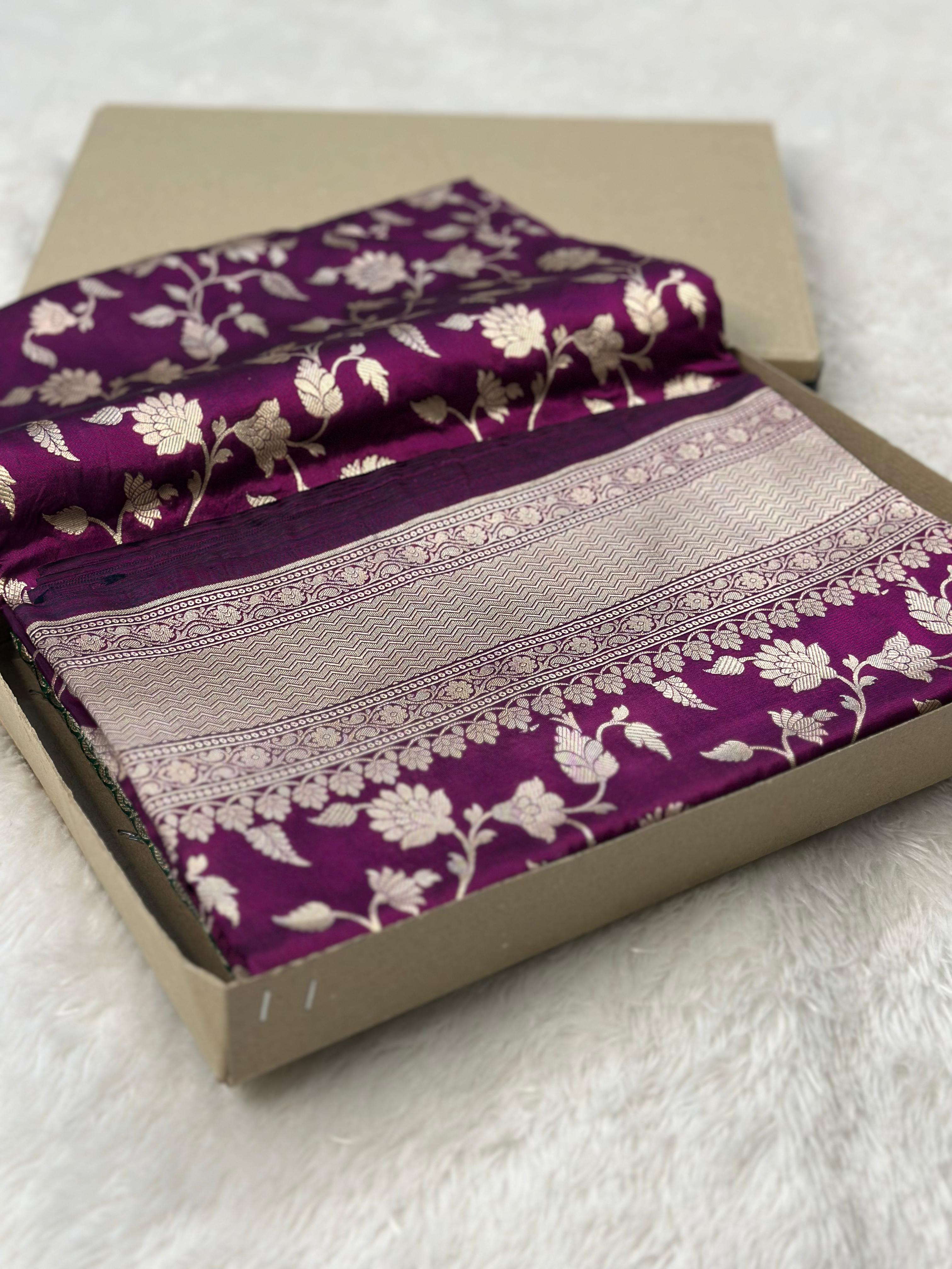 Pure Katan Silk Banarasi Saree Woven with Golden Zari in Jaal pattern