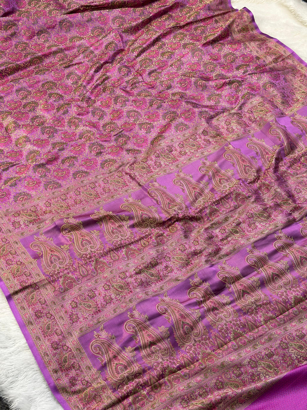Satin Tanchui Jamawar Saree woven with golden zari multicolour paisley work