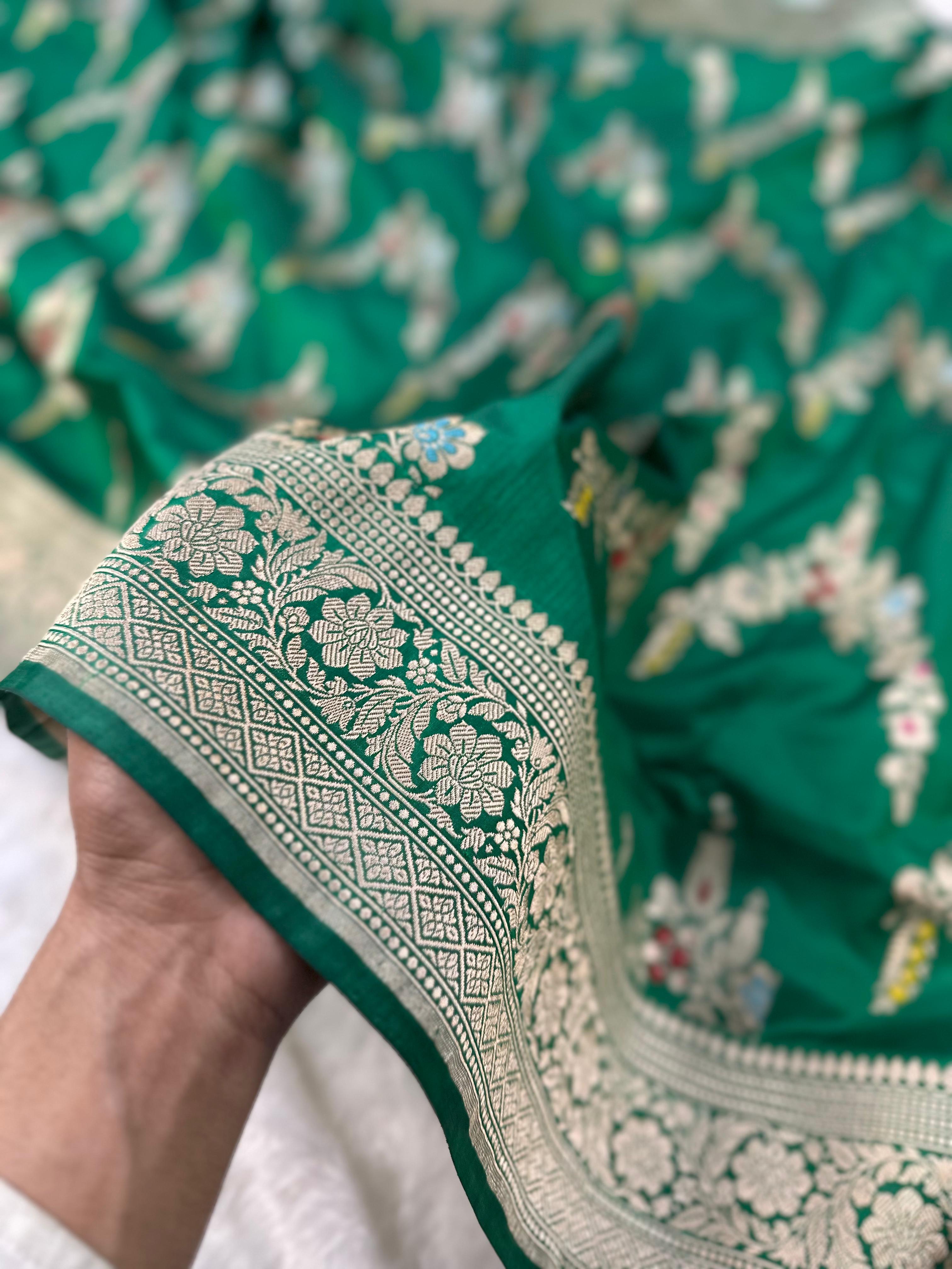 Royal Green Pure Katan Silk Kadua Weave Banarasi Saree with Menakari Jaal Pattern