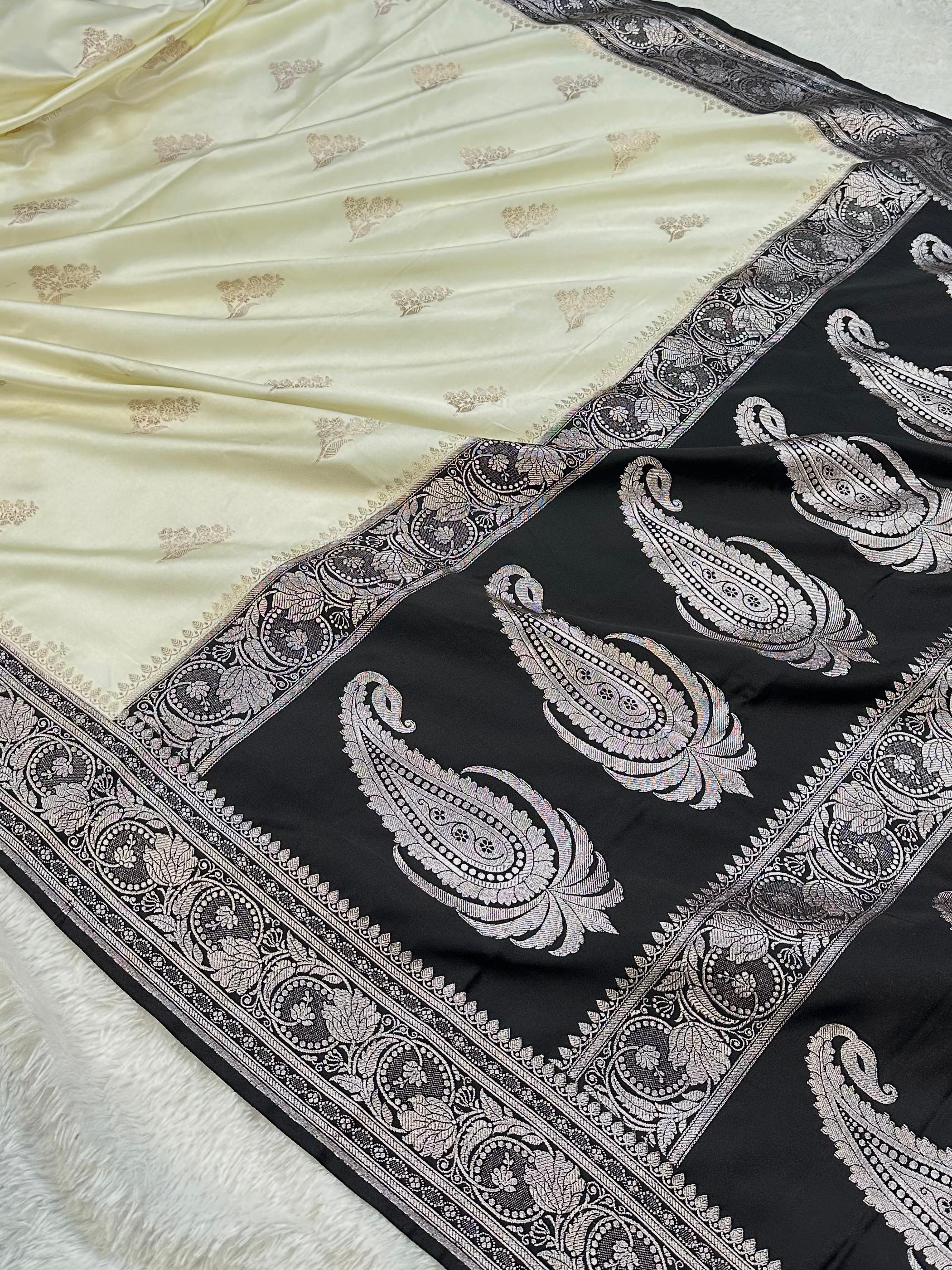 Cream and Black Contrast Buta Mashru Silk Saree