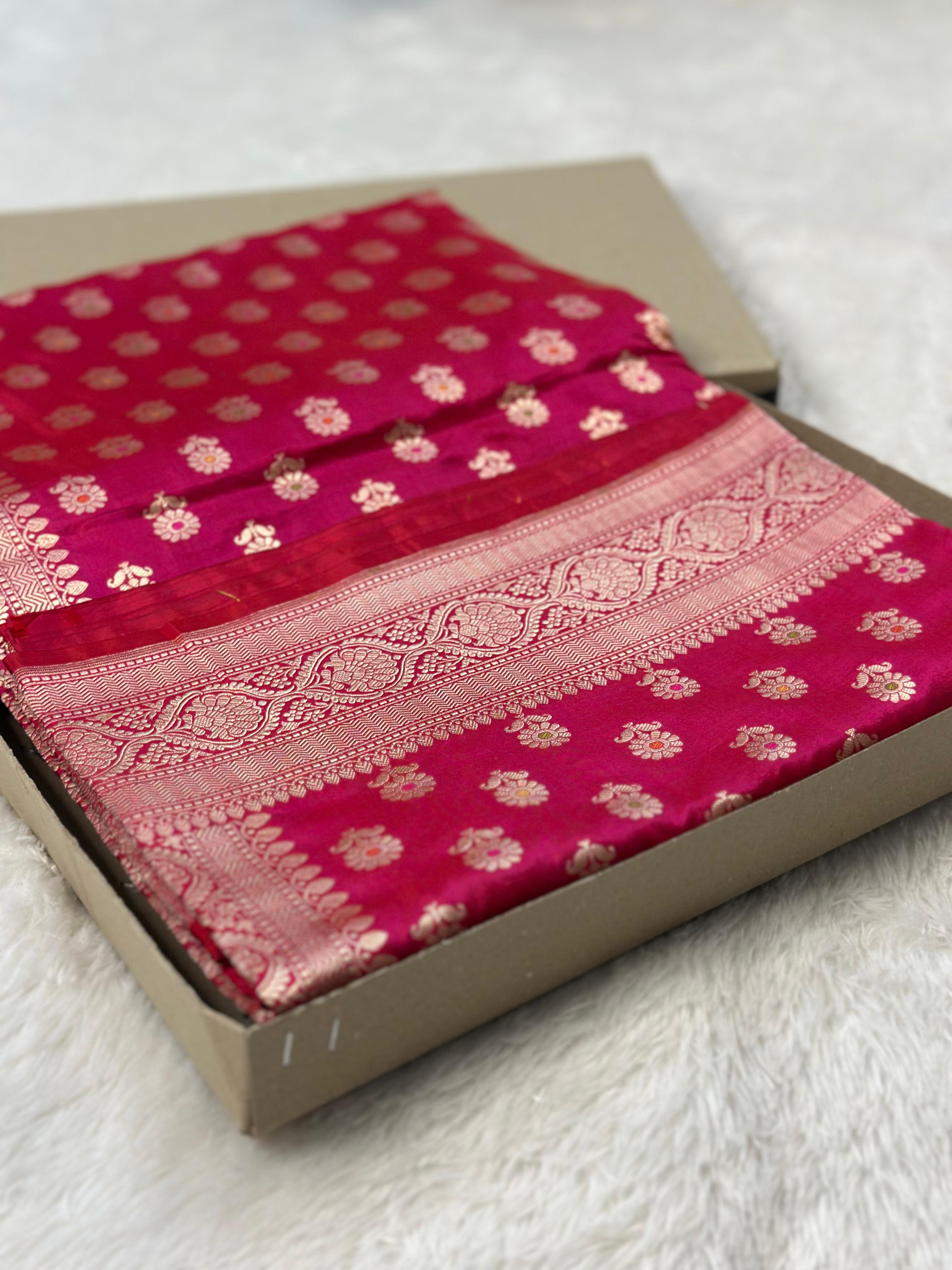 Pure Katan Silk Banarasi Saree Woven with Golden Zari in Meenkari buti pattern