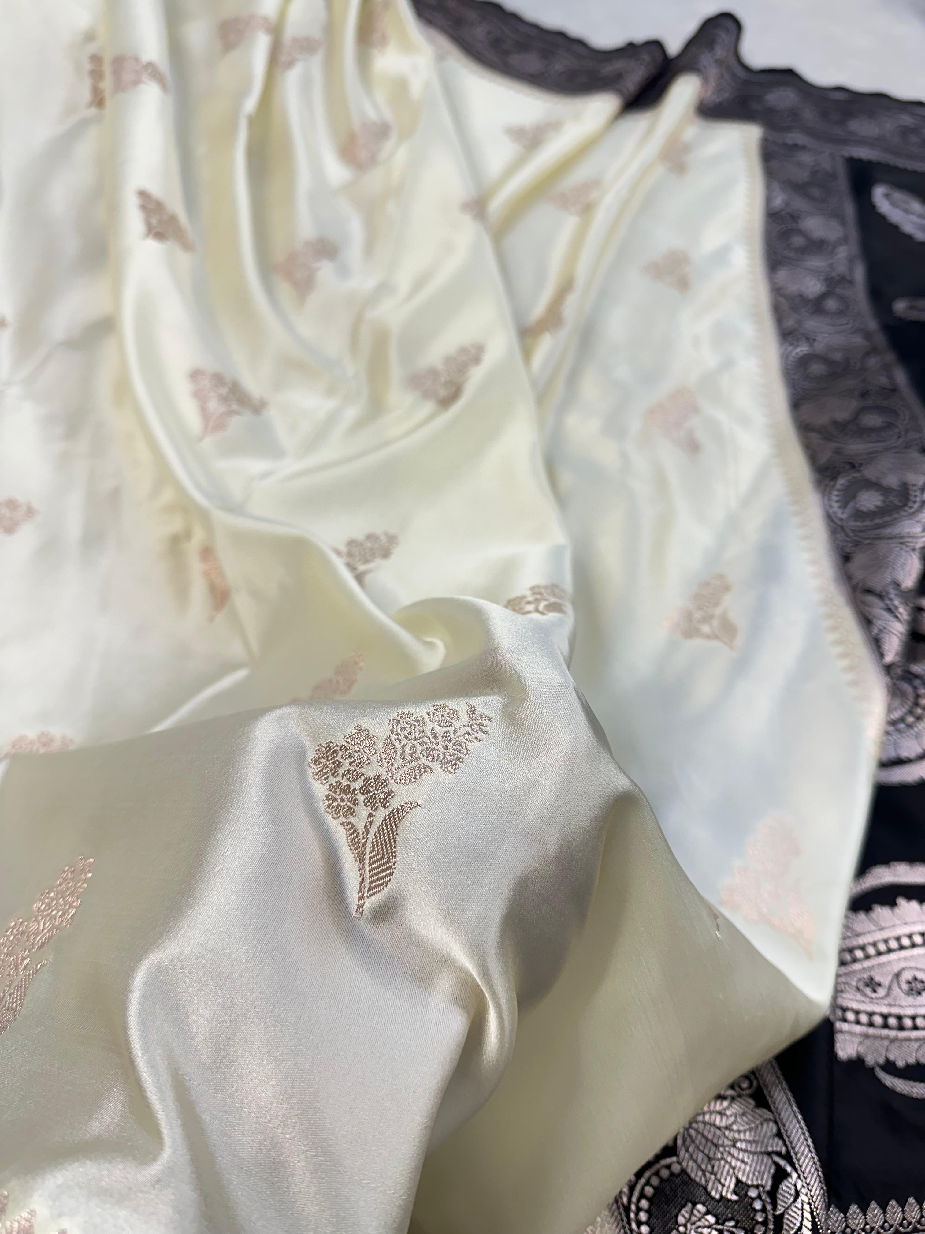 Cream and Black Contrast Buta Mashru Silk Saree