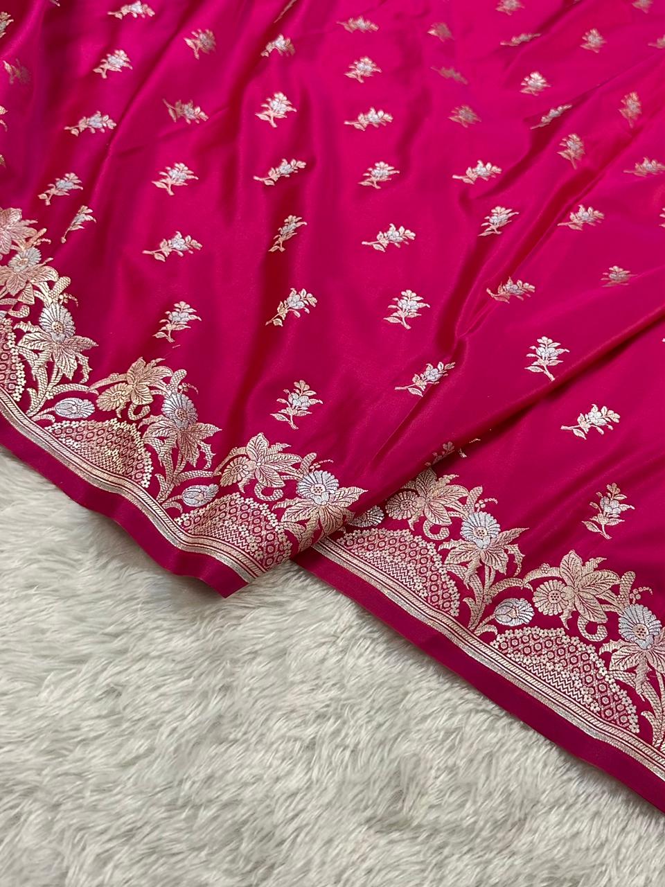 Mashru Silk Banarasi Saree Woven with Golden Zari in Buta Pattern